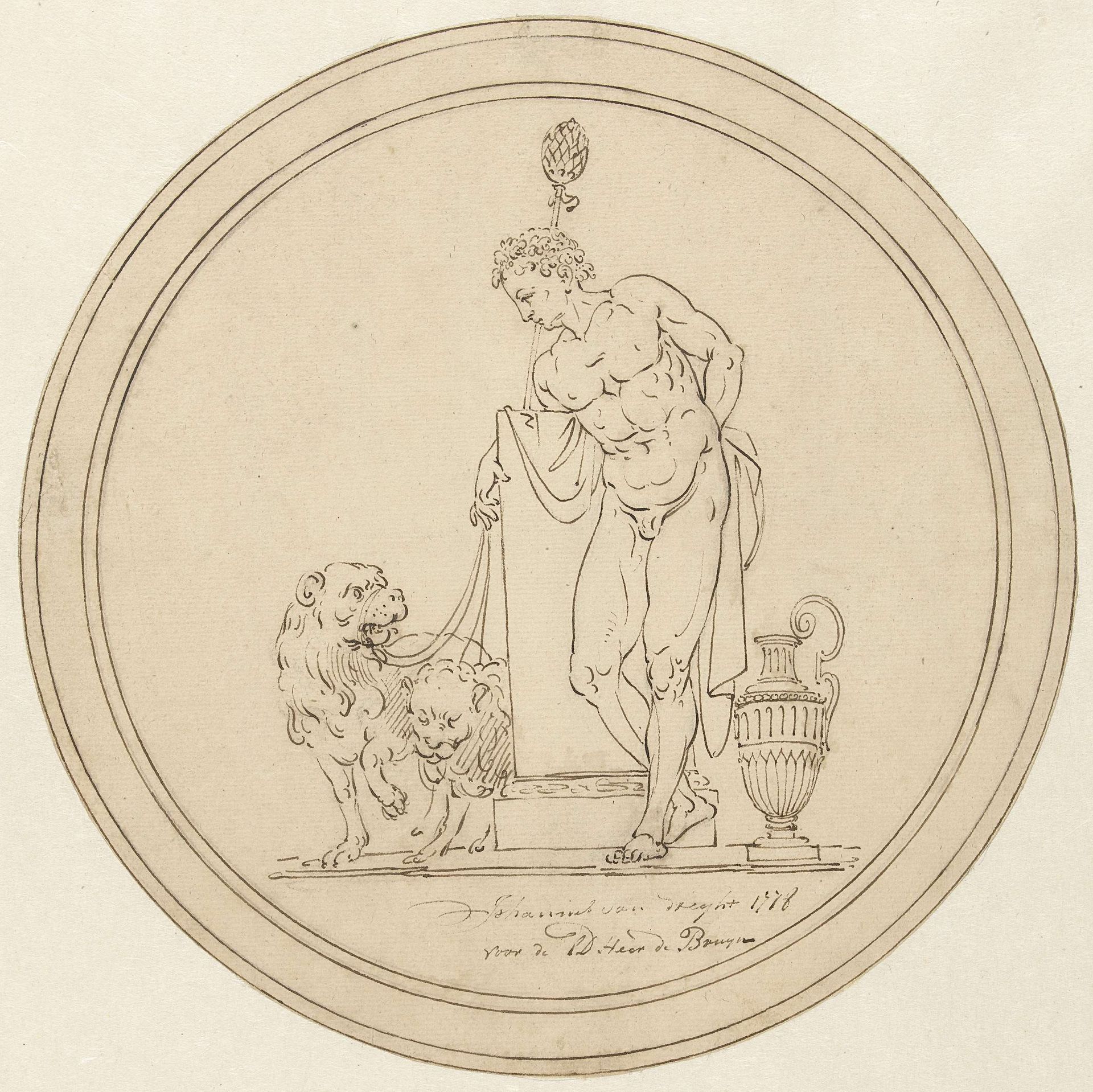 Allegorische mansfiguur, staande met twee leeuwen by Johannes van Dregt