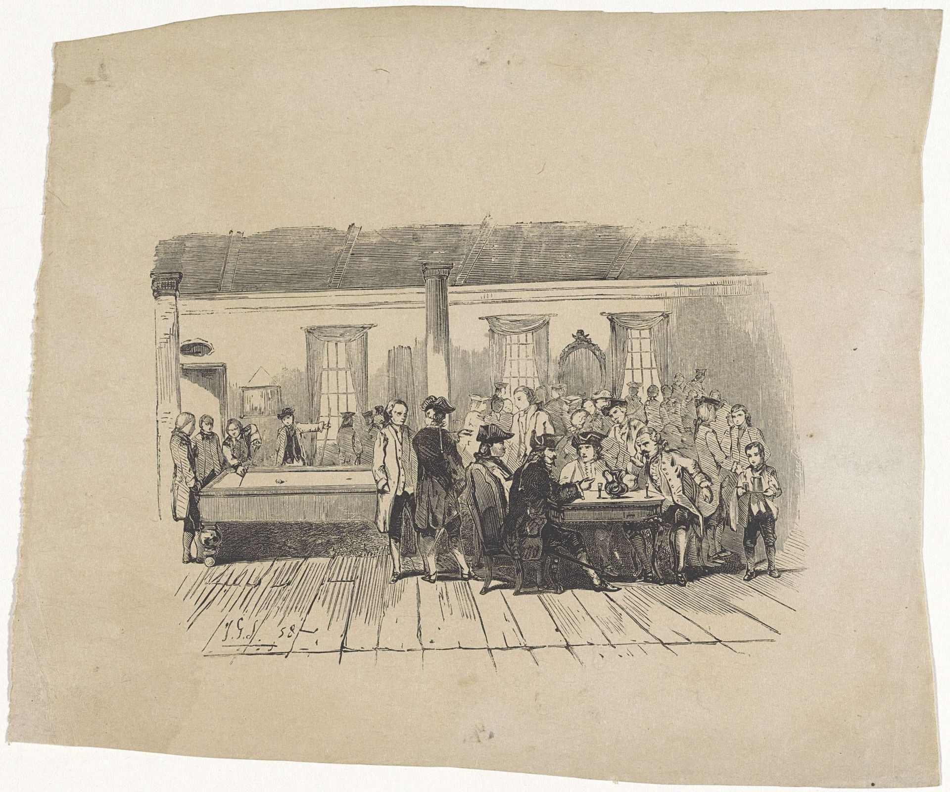 Interieur met tientallen mannen en een biljarttafel by Jan Gerard Smits