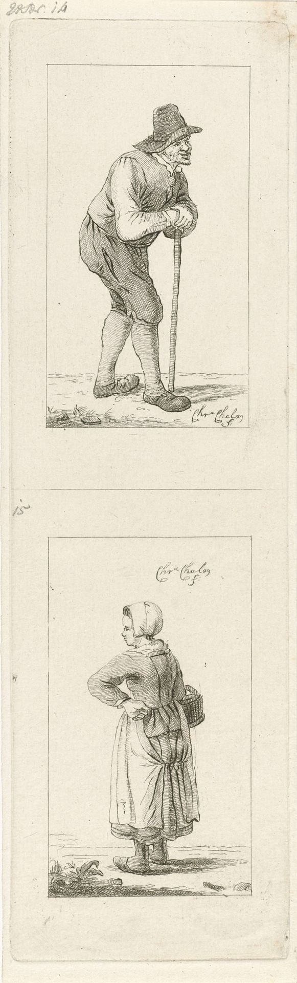 Man leunend op stok en vrouw met mand by Pieter de Mare