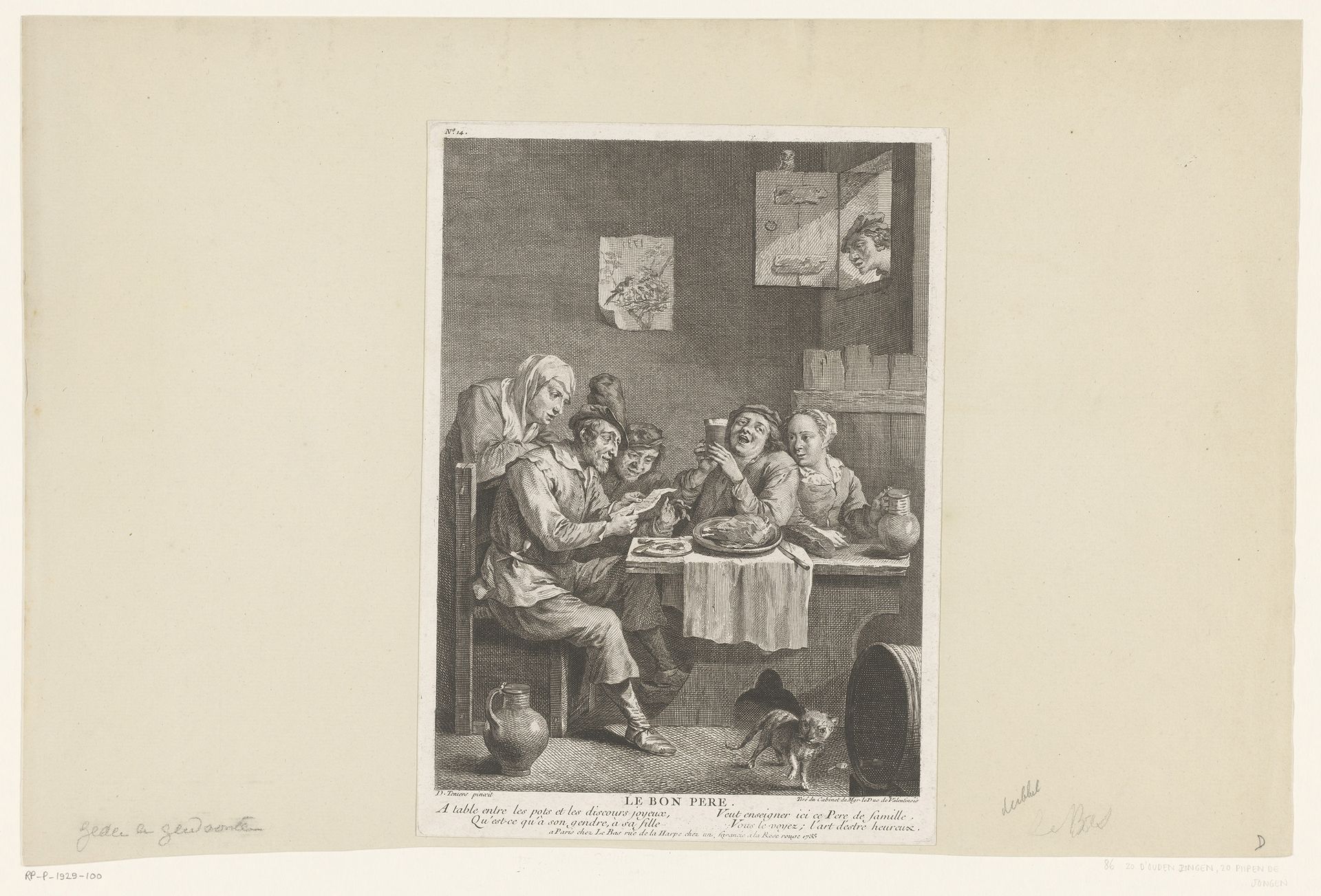 Herberginterieur met lezende man aan tafel met overige figuren by Jacques Philippe Le Bas