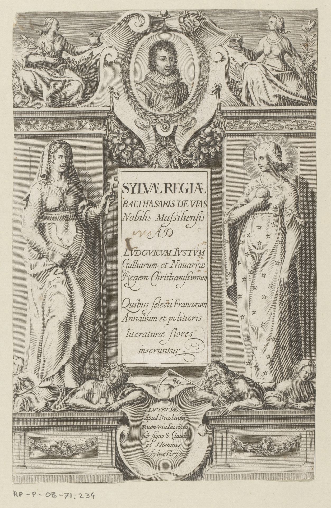 Twee vrouwelijke personificaties onder een portret van Lodewijk XIII in een medaillon by Claude Mellan