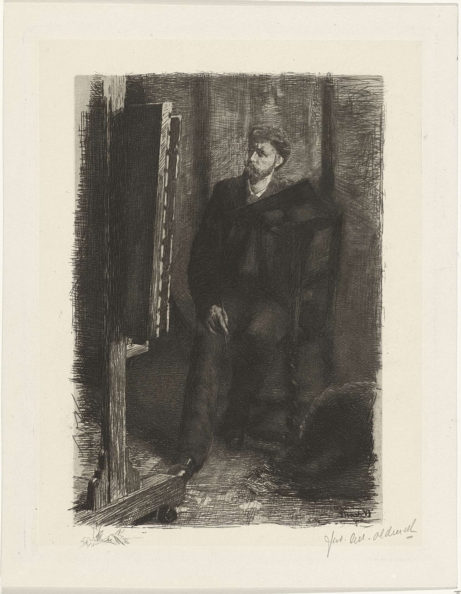 Portret van een kunstenaar staand achter de ezel by Ferdinand Oldewelt