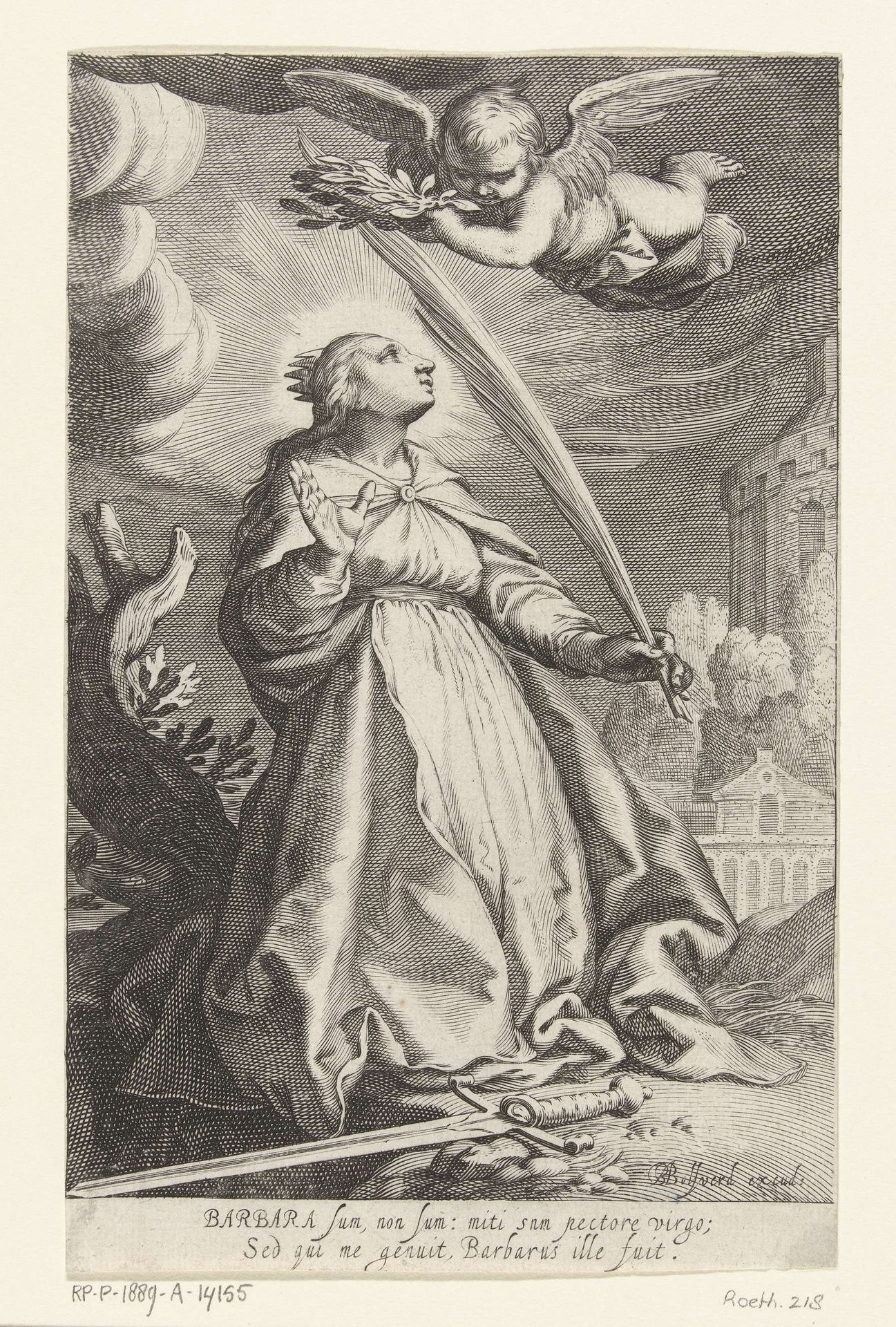 Heilige Barbara met palmtak en zwaard by Boëtius Adamsz. Bolswert
