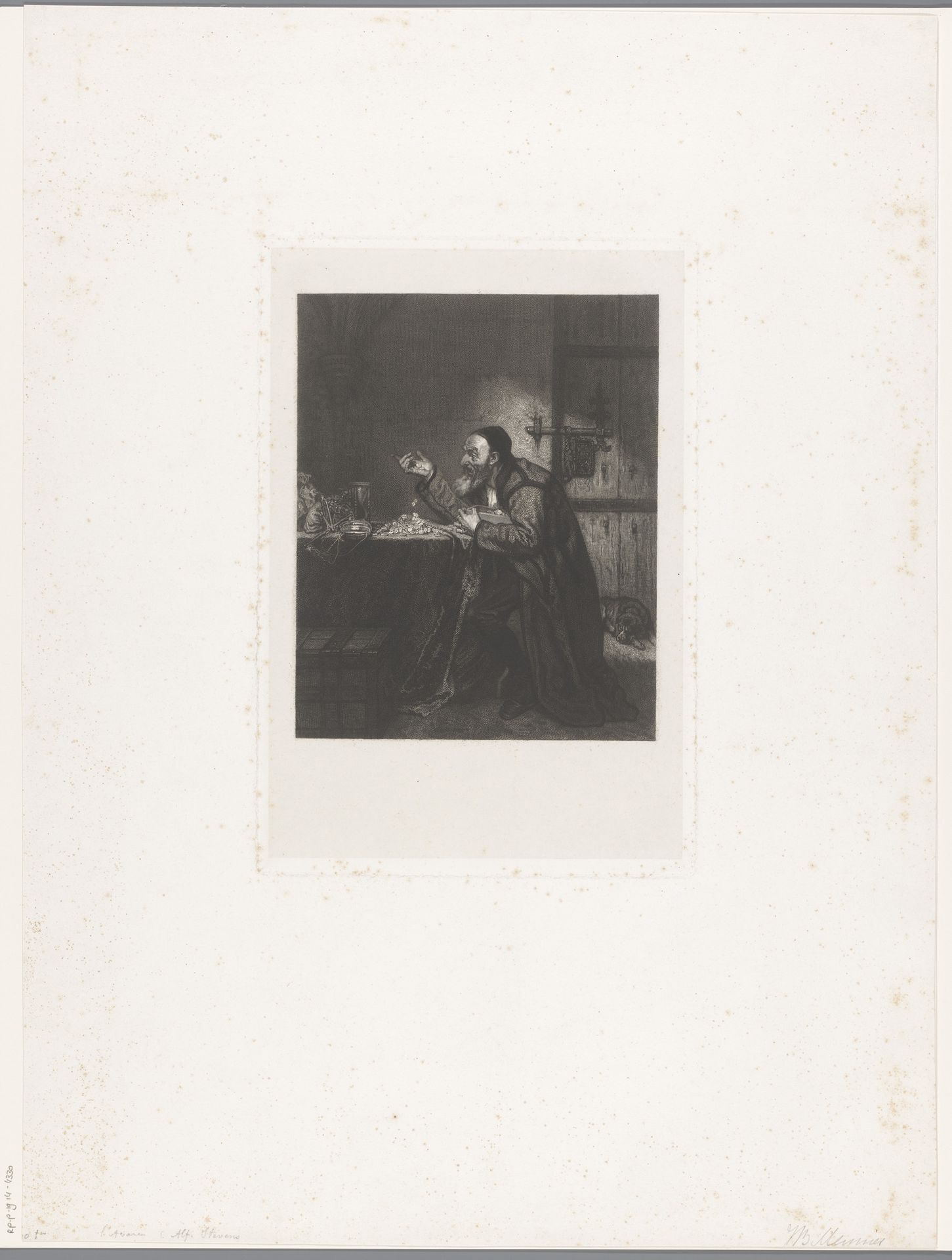 Oude man met een kist munten in een interieur by Jean-Baptiste Meunier