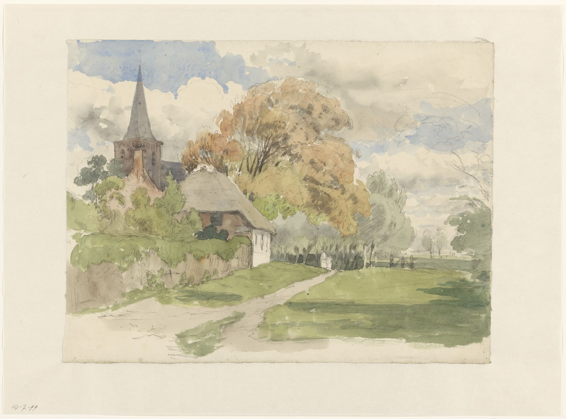 Erf bij een dorpskerk by Julius Jacobus van de Sande Bakhuyzen
