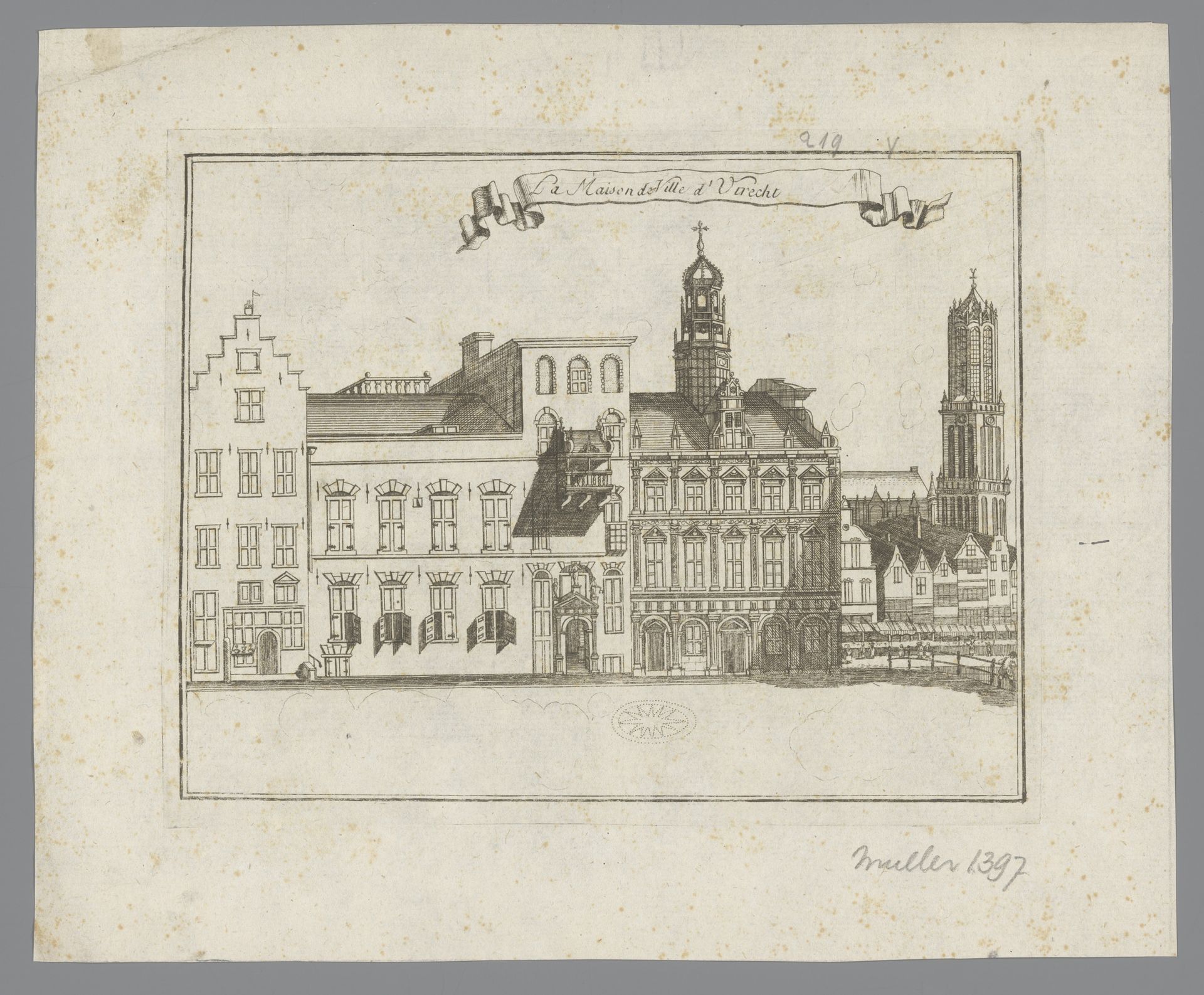 Gezicht op het stadhuis te Utrecht by Jacobus Harrewijn