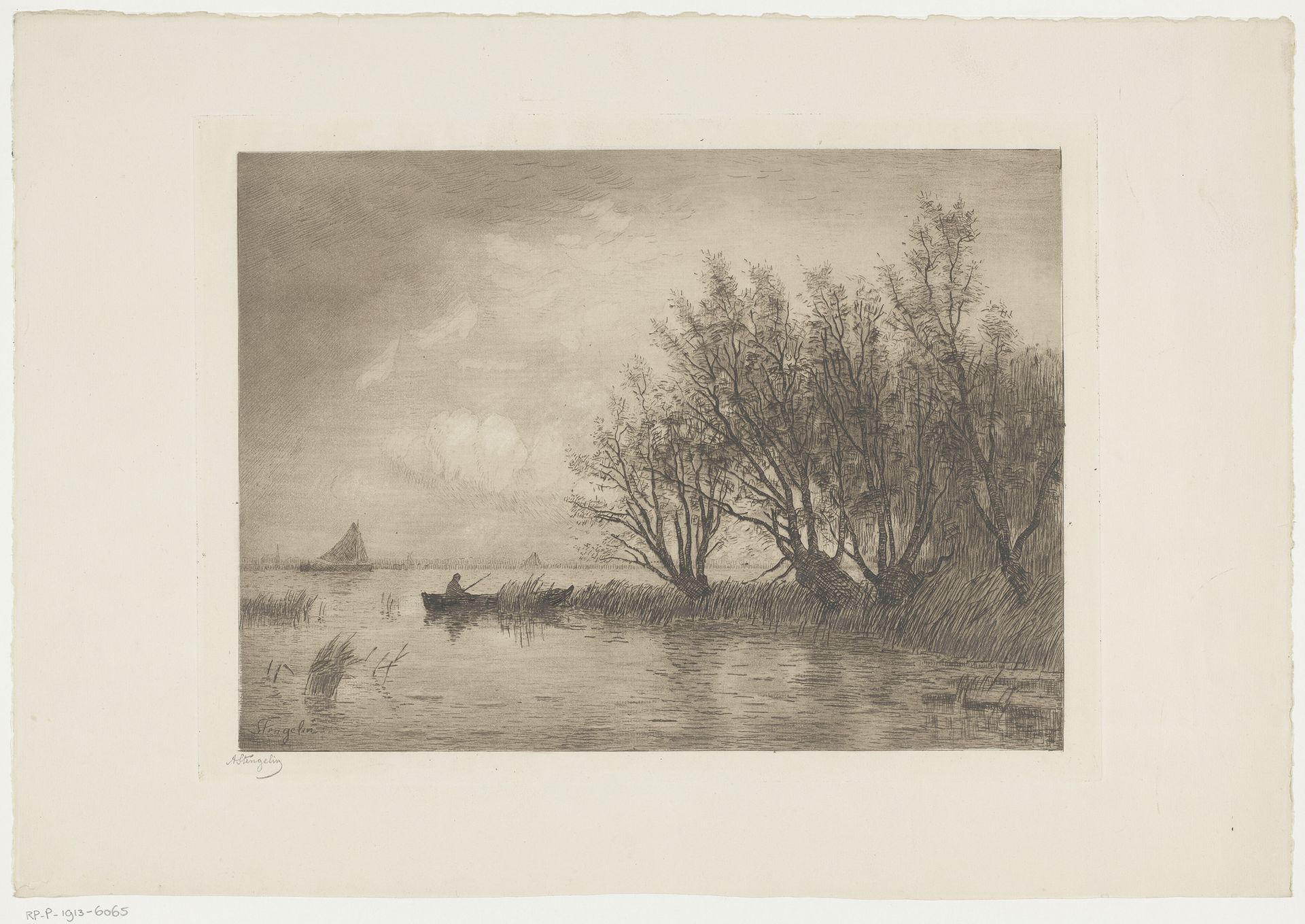 Rivierlandschap met roeiboot en bomen by Alphonse Stengelin