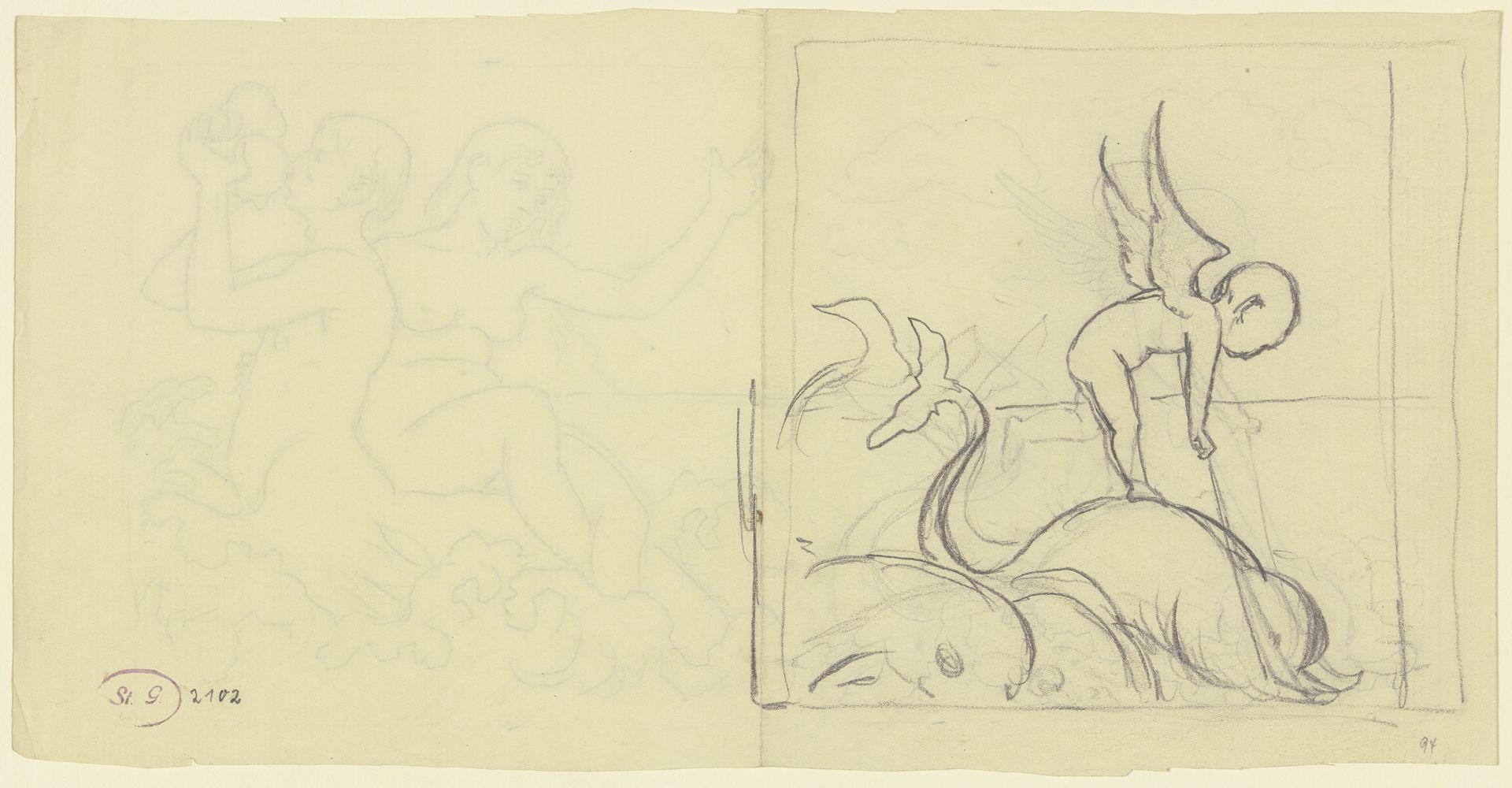 Putto auf Delphin (Kachelentwurf) by Hans Thoma