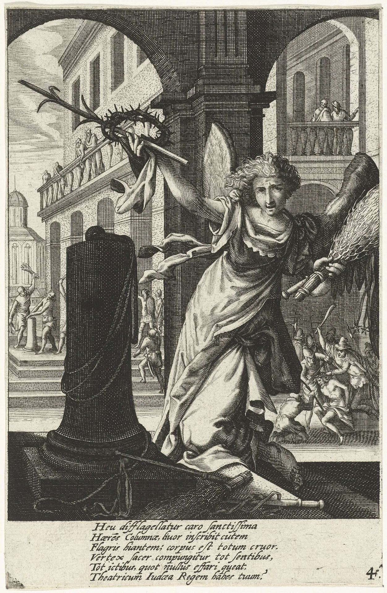 Engel met gesels bij de geselpaal by Abraham Hogenberg