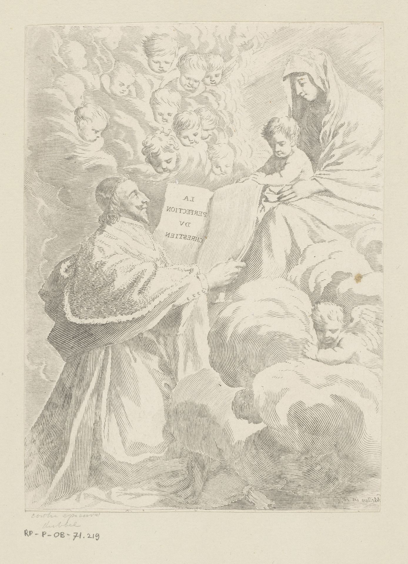 Armand-Jean du Plessis hertog van Richelieu presenteert een boek aan Maria met Kind by Claude Mellan
