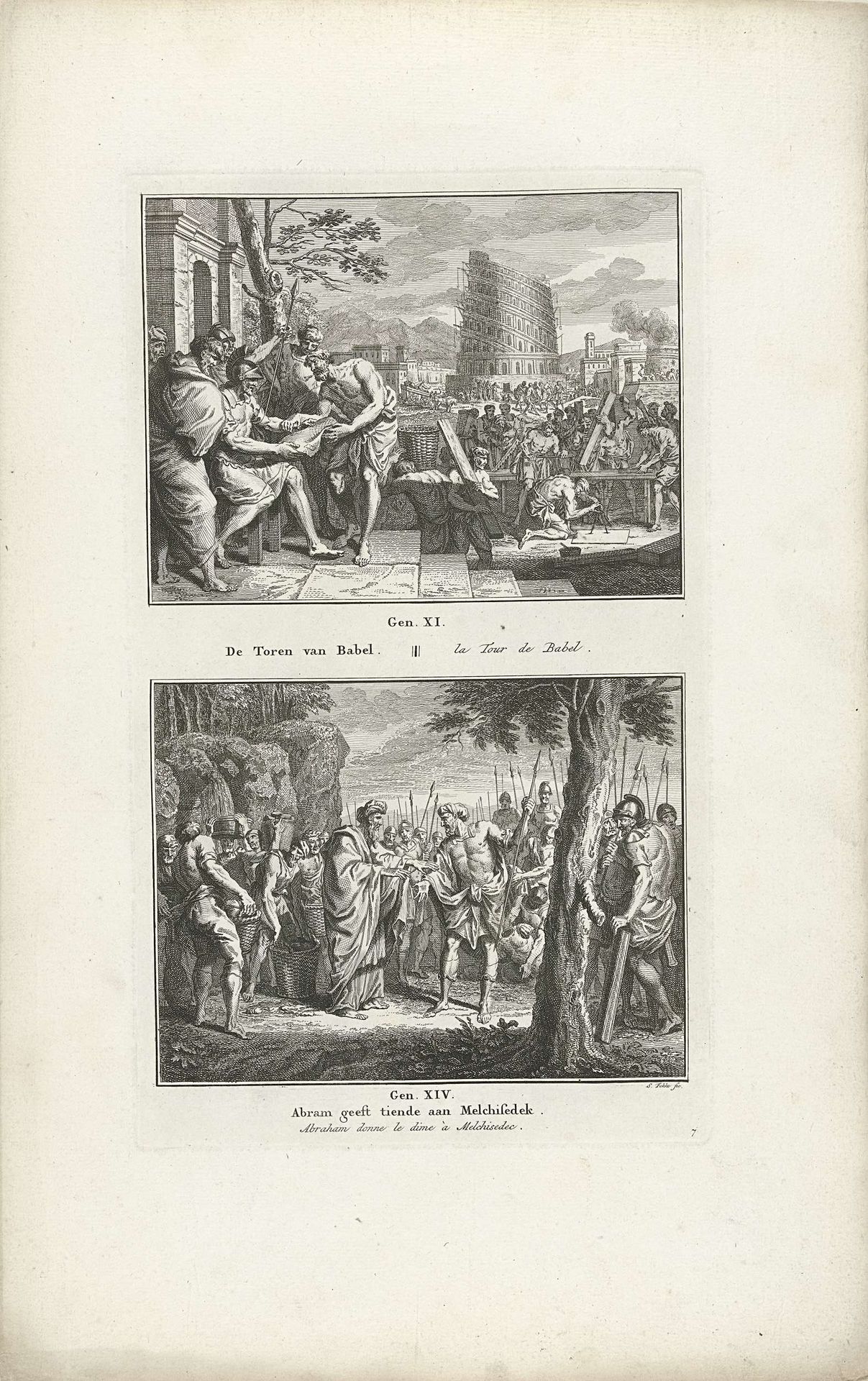 Toren van Babel en 
Abraham geeft een tiende deel aan Melchisedek by Simon Fokke