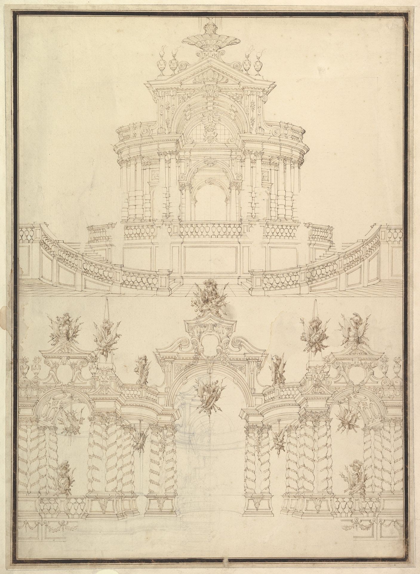 Designs for Componets of Stage Sets: at Bottom: Spiral and Wreathed-Colonnaded Pavillion with Central Arch Surmounted by Military Trophy and Another Hanging Inside Arch; at Top: Centralized Pavillion Decorated by Pediment Surmounted by Fountain. by Giuseppe Galli Bibiena