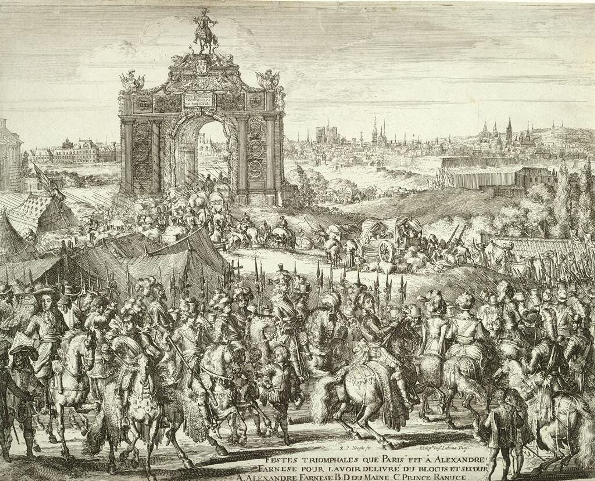 Festes triomphales que Paris fit Ã  Alexandre Farnese pour l'avoir delivrÃ© du blocus et secour A. Alexandre Farnese, B. du Maine, C. Prince Ranuce by Romeyn de Hooghe