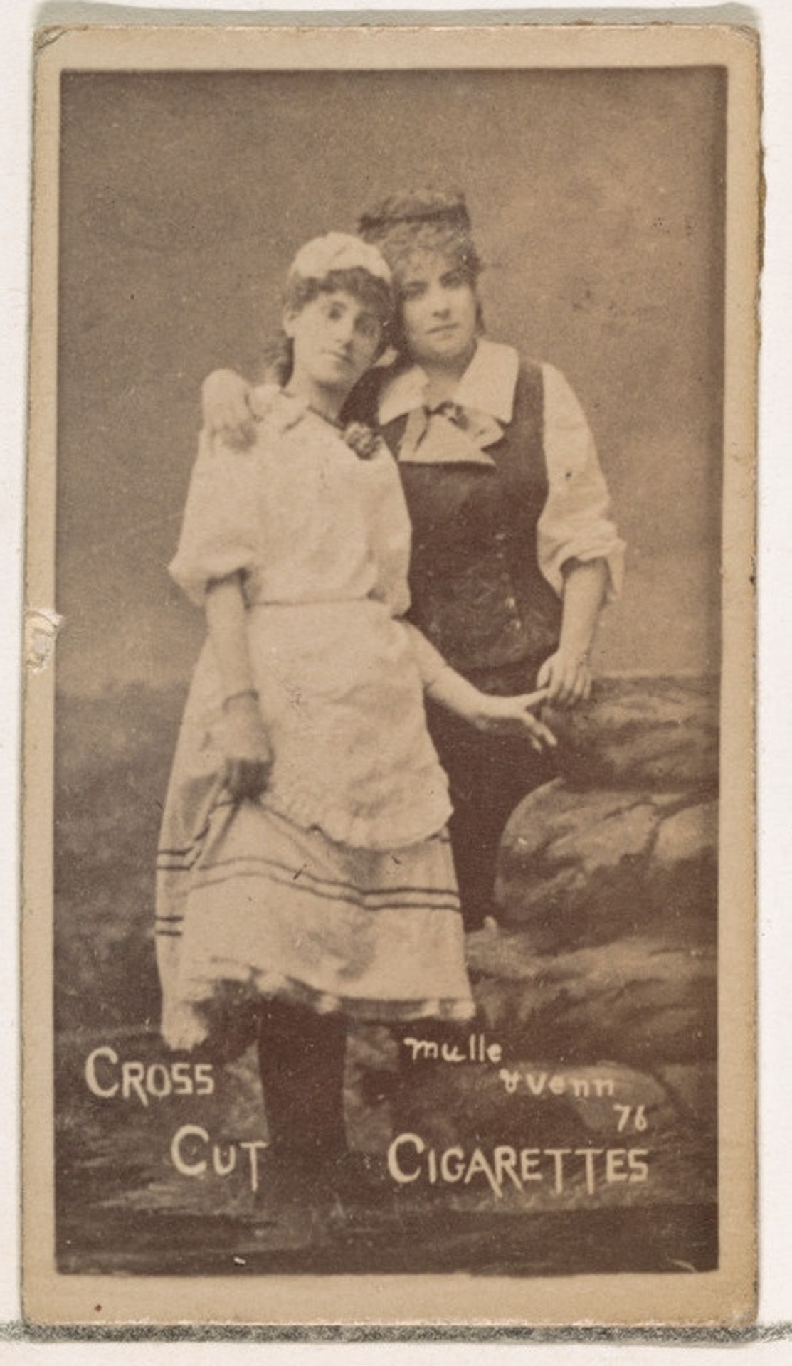 Card Number 76, Ida Mulle and Guenn (?), from the Actors and Actresses series (N145-1) issued by Duke Sons & Co. to promote Cross Cut Cigarettes by W. Duke, Sons & Co.