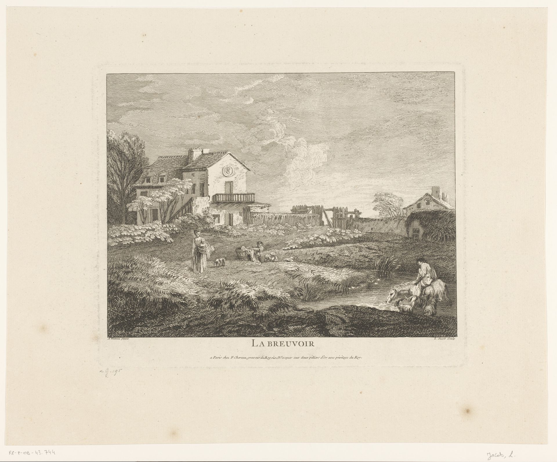 Ruraal huis met drinkende dieren en wassende vrouwen by Louis Jacob