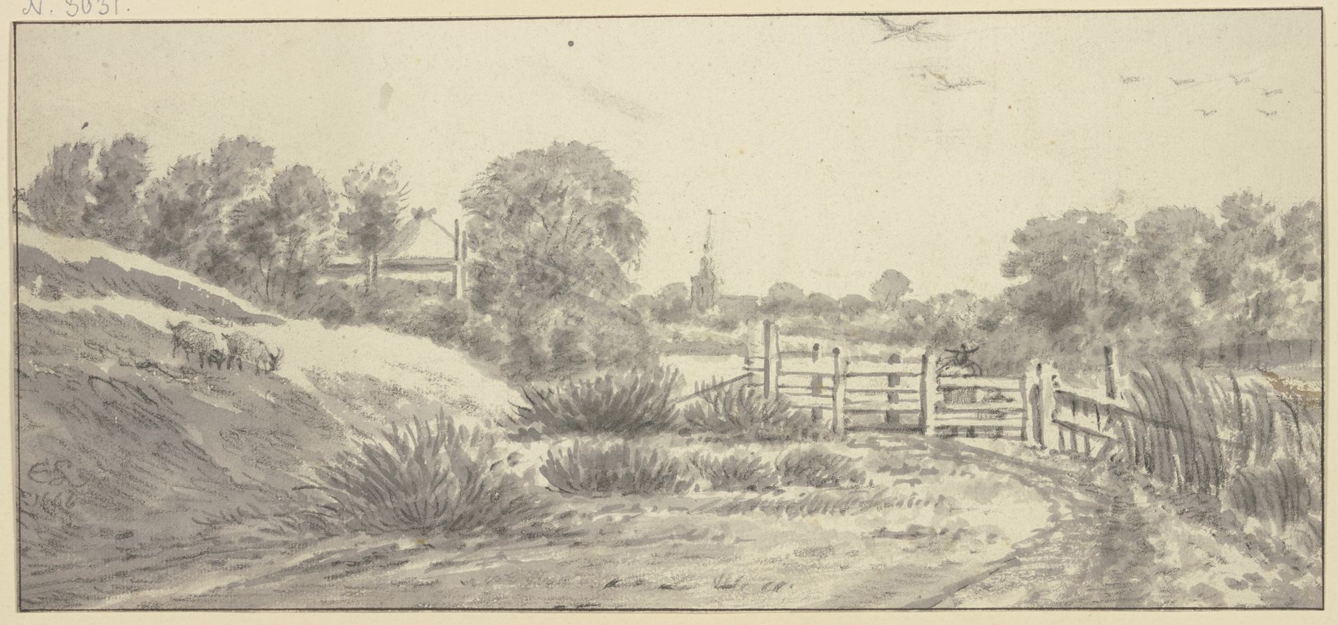 Landschaft mit Zaun, Hirte mit Hund, links zwei Ziegen by Cornelis Saftleven
