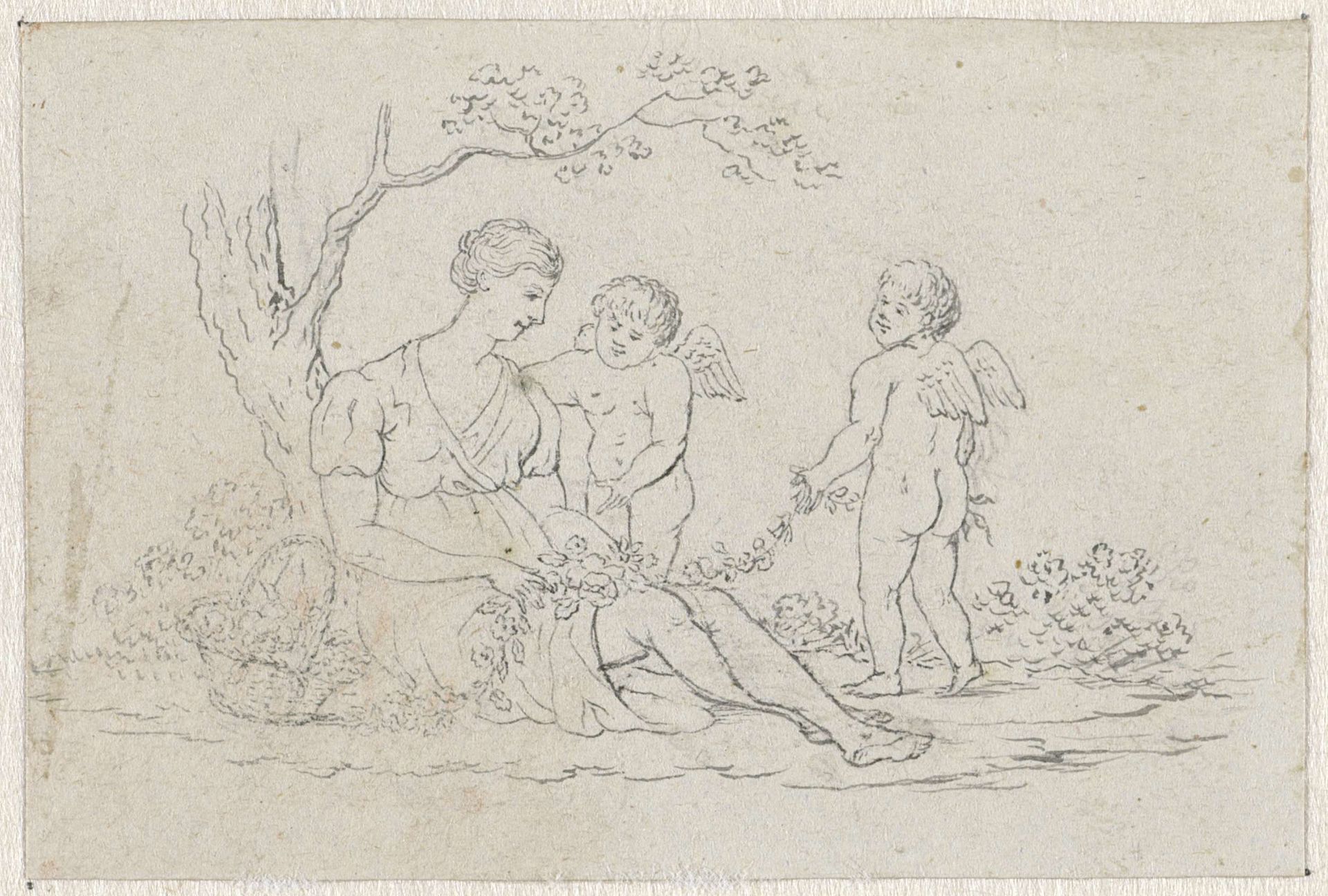 Zittende vrouw met twee putti met bloemenguirlande by Pieter de Goeje