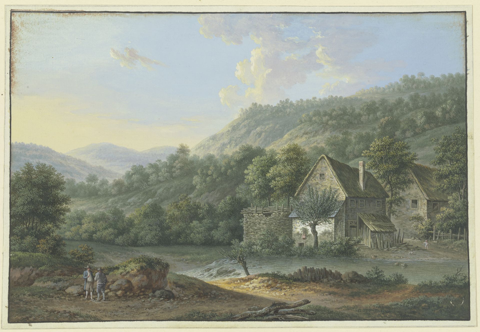 Waldtal mit einem Bach, rechts zwei Bauernhäuser by Karl Franz Kraul