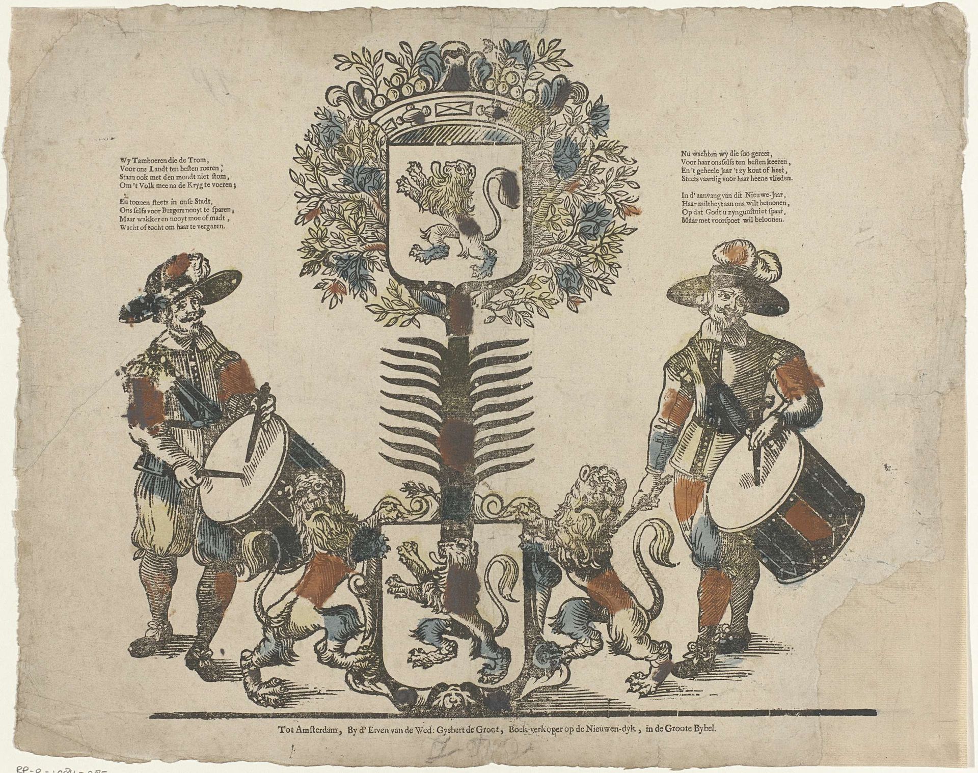 Boom met twee wapenschilden, aan elke zijde een tamboer by weduwe Gijsbert de Groot