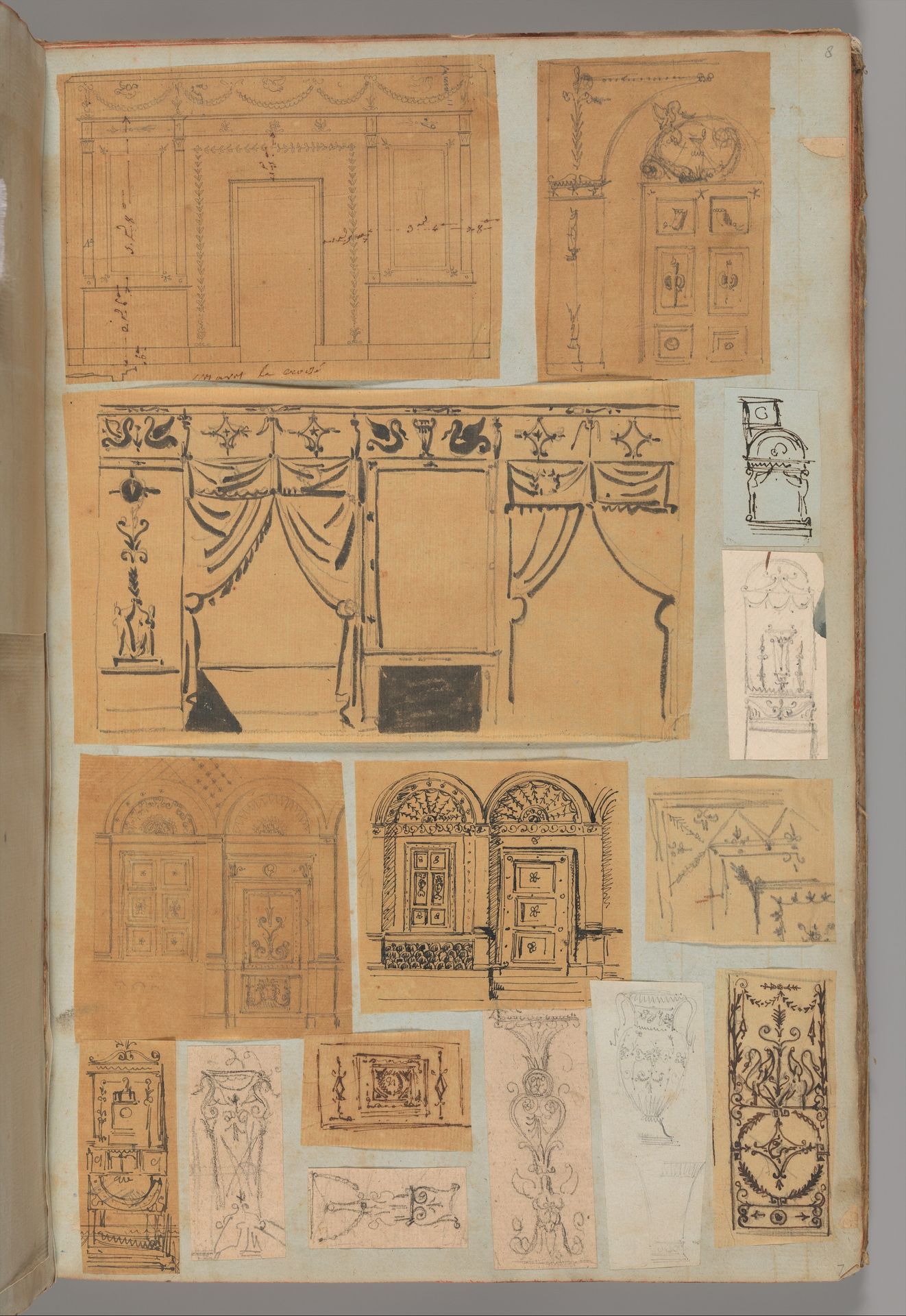 Page from a Scrapbook containing Drawings and Several Prints of Architecture, Interiors, Furniture and Other Objects by Charles Percier
