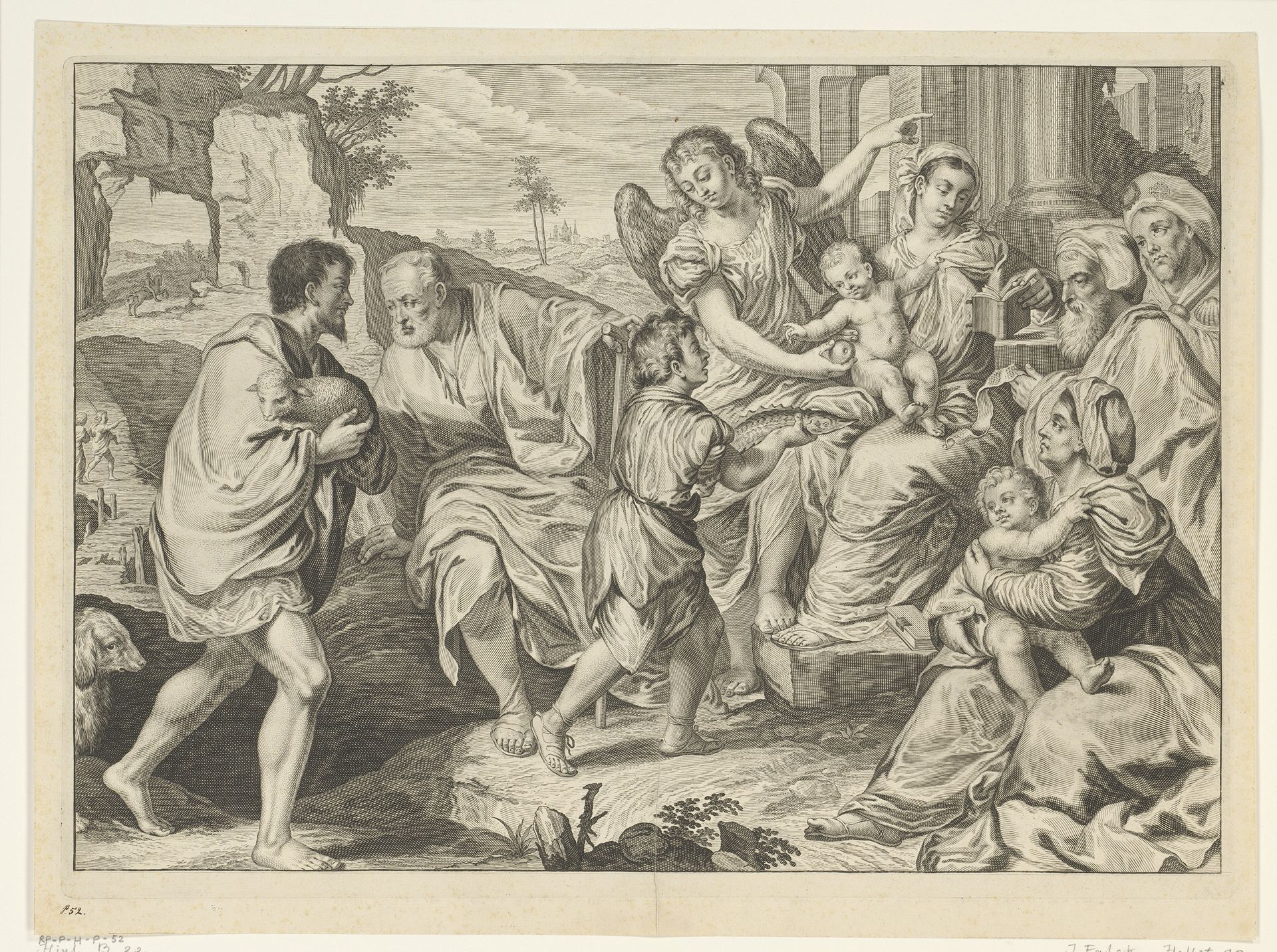 Heilige familie in gezelschap van anderen by Jeremias Falck