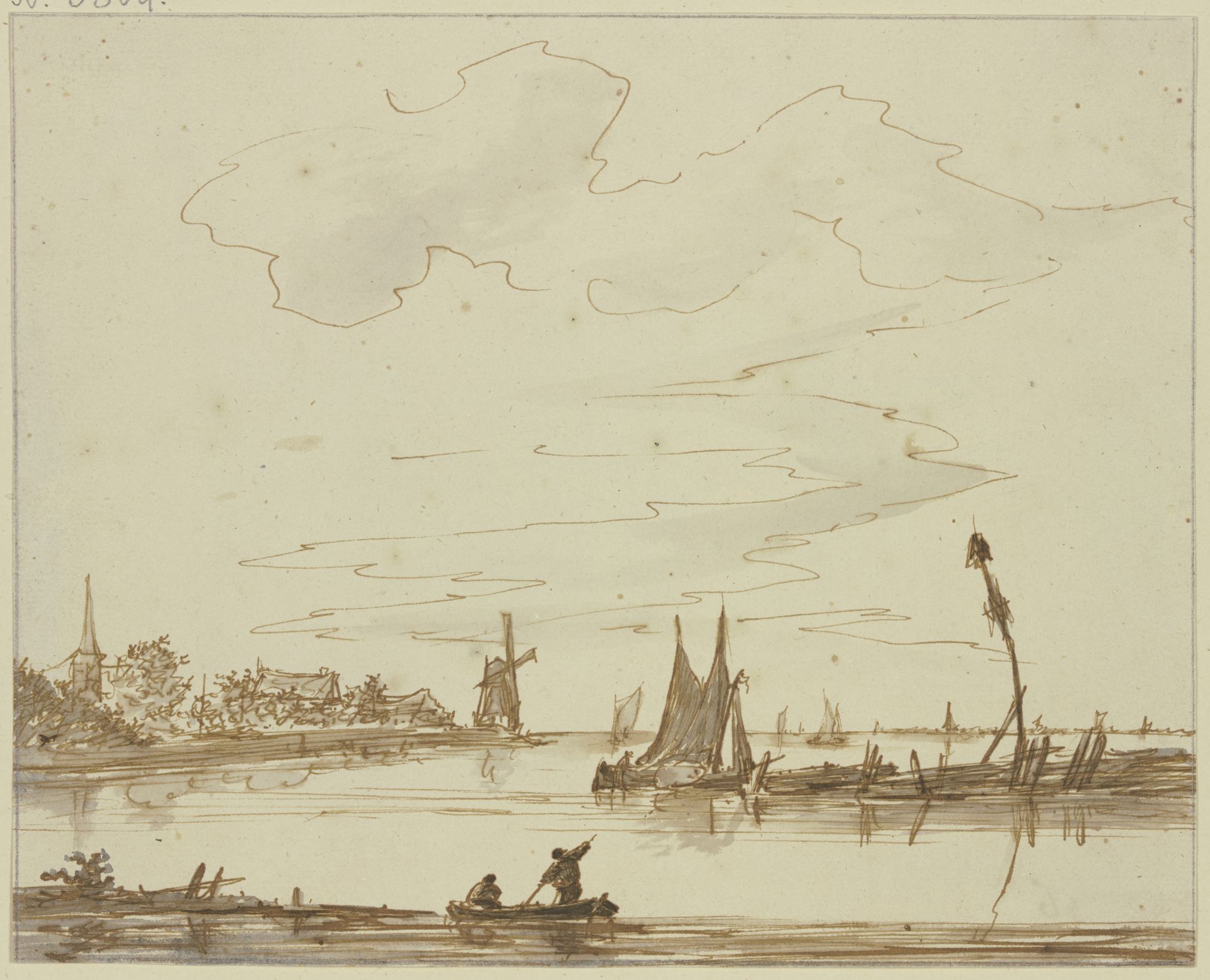 Marine, rechts ein Damm mit Signalstange, links ein Dorf mit Windmühle by Anthonie van Borssom