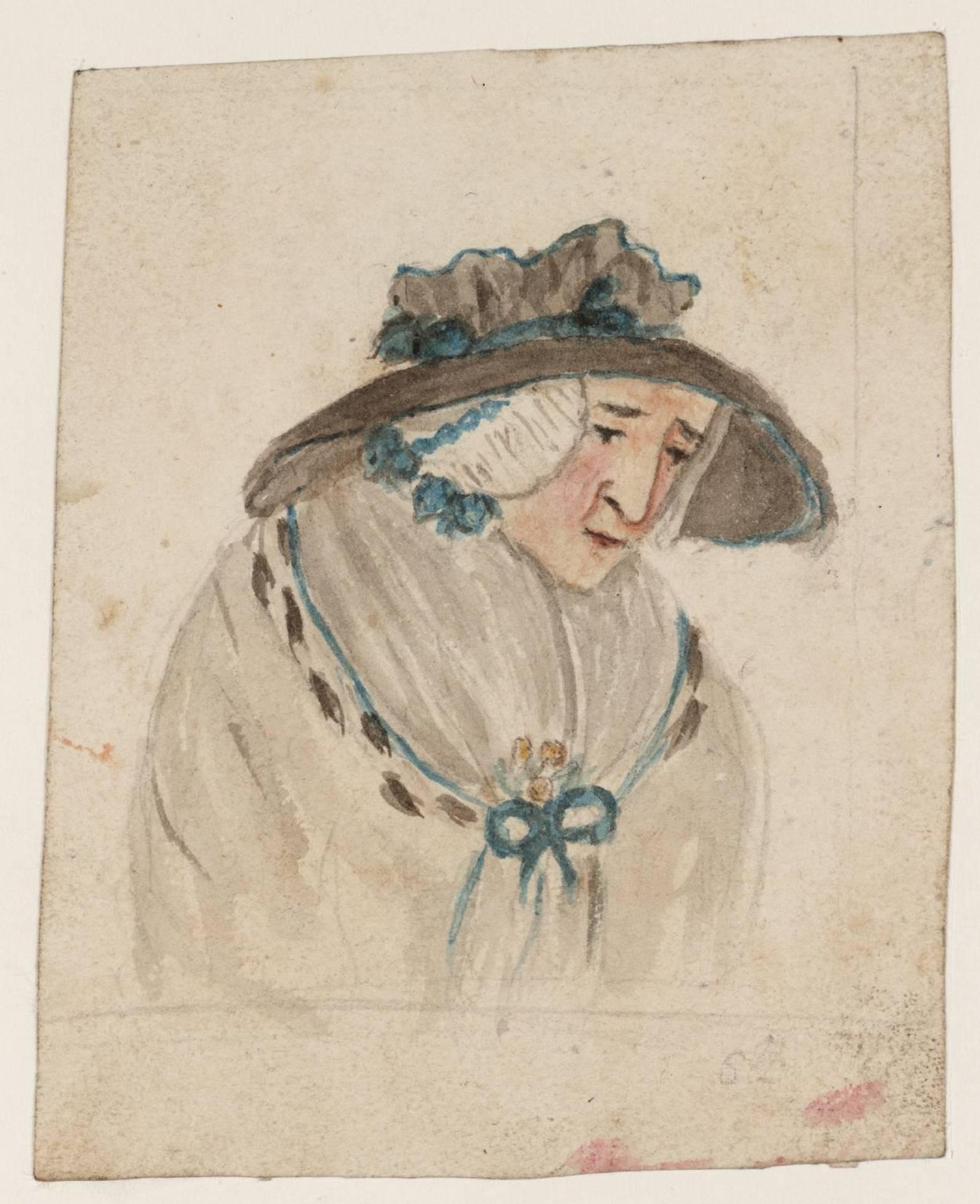 Head of an Old Lady Wearing a Black Hat with Blue Ribbons by  Susanna Duncombe