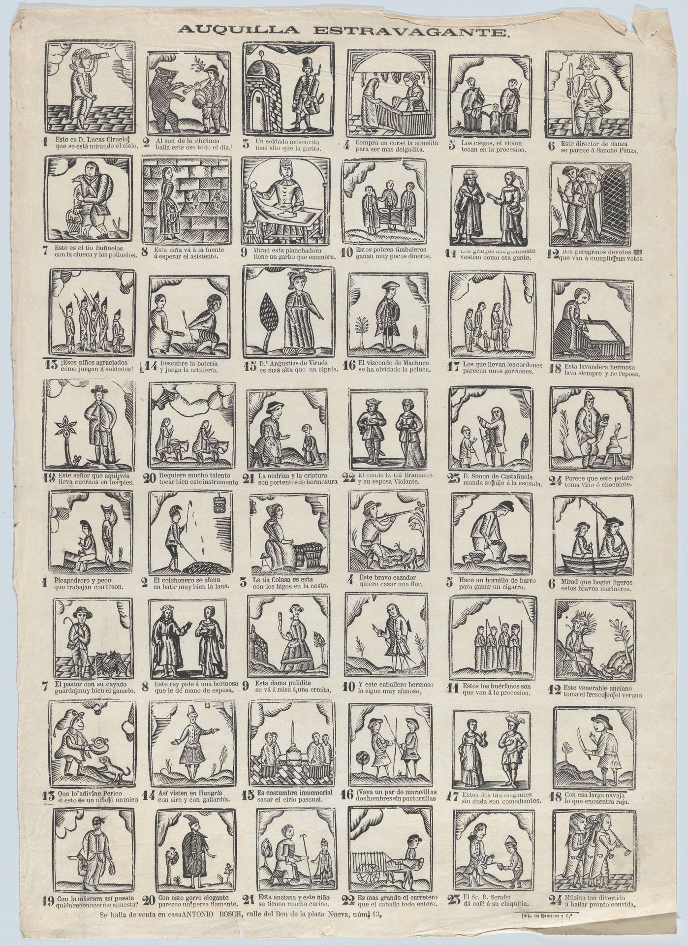 Broadside with 48 extraordinary scenes by Antonio Bosch