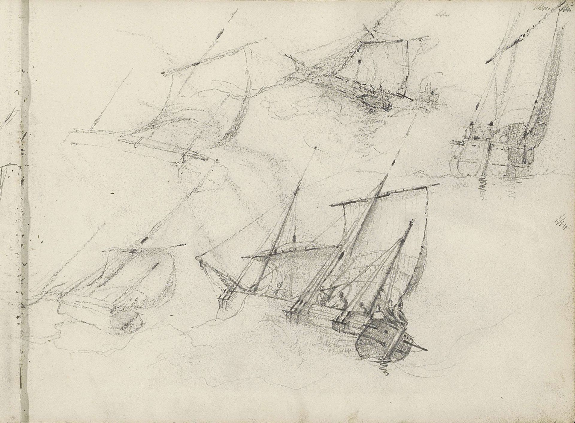 Studieblad met zeilschepen by Petrus Johannes Schotel