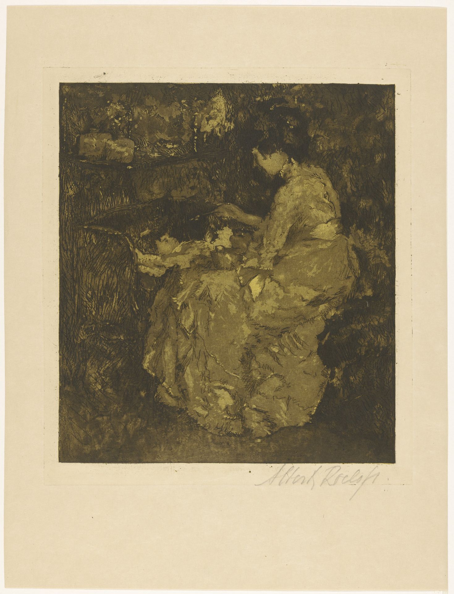 Vrouw die een kind in een wieg pap voert by Albert Roelofs