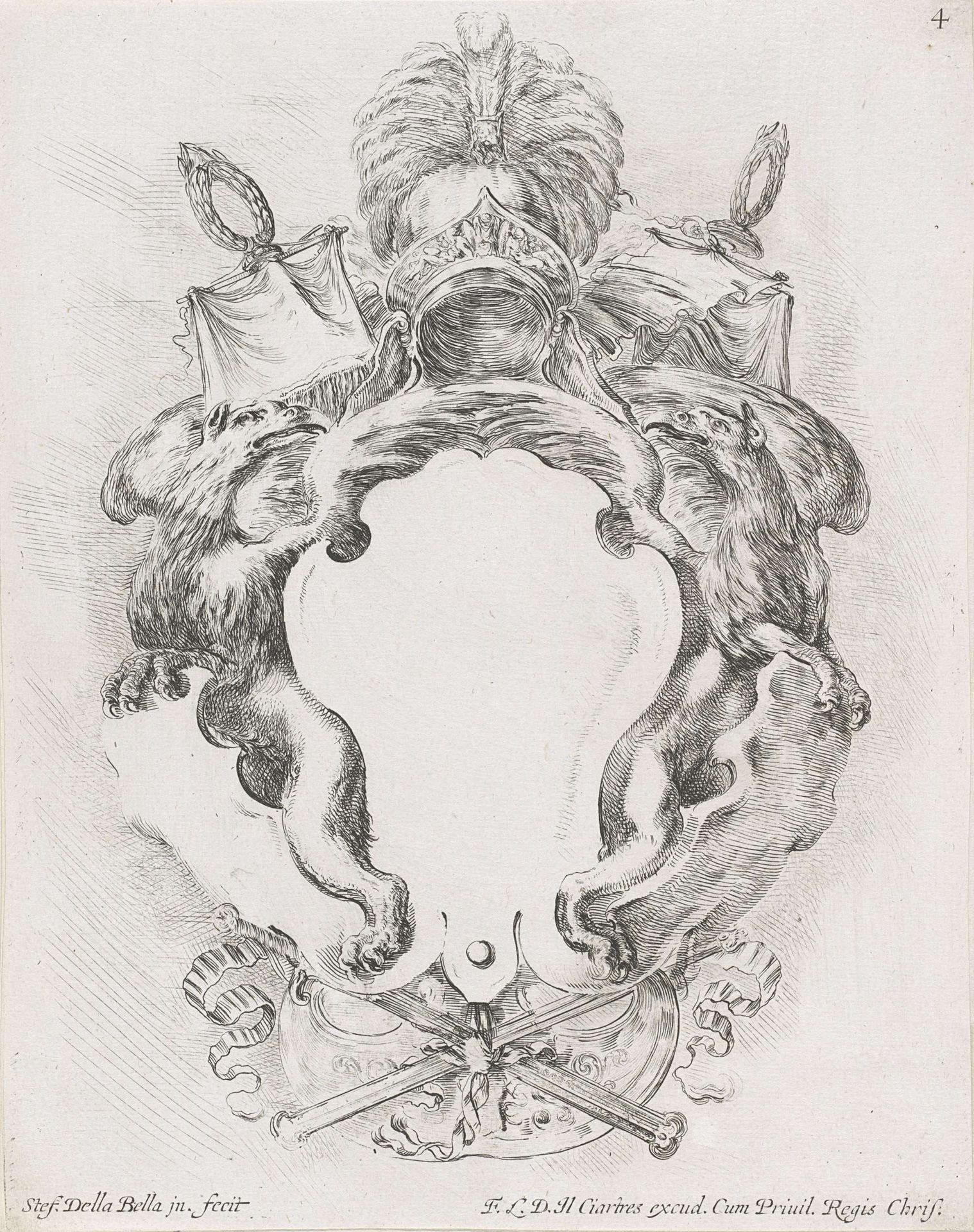 Cartouche met twee adelaars, een helm met pluim en twee lege schilden. by Stefano della Bella
