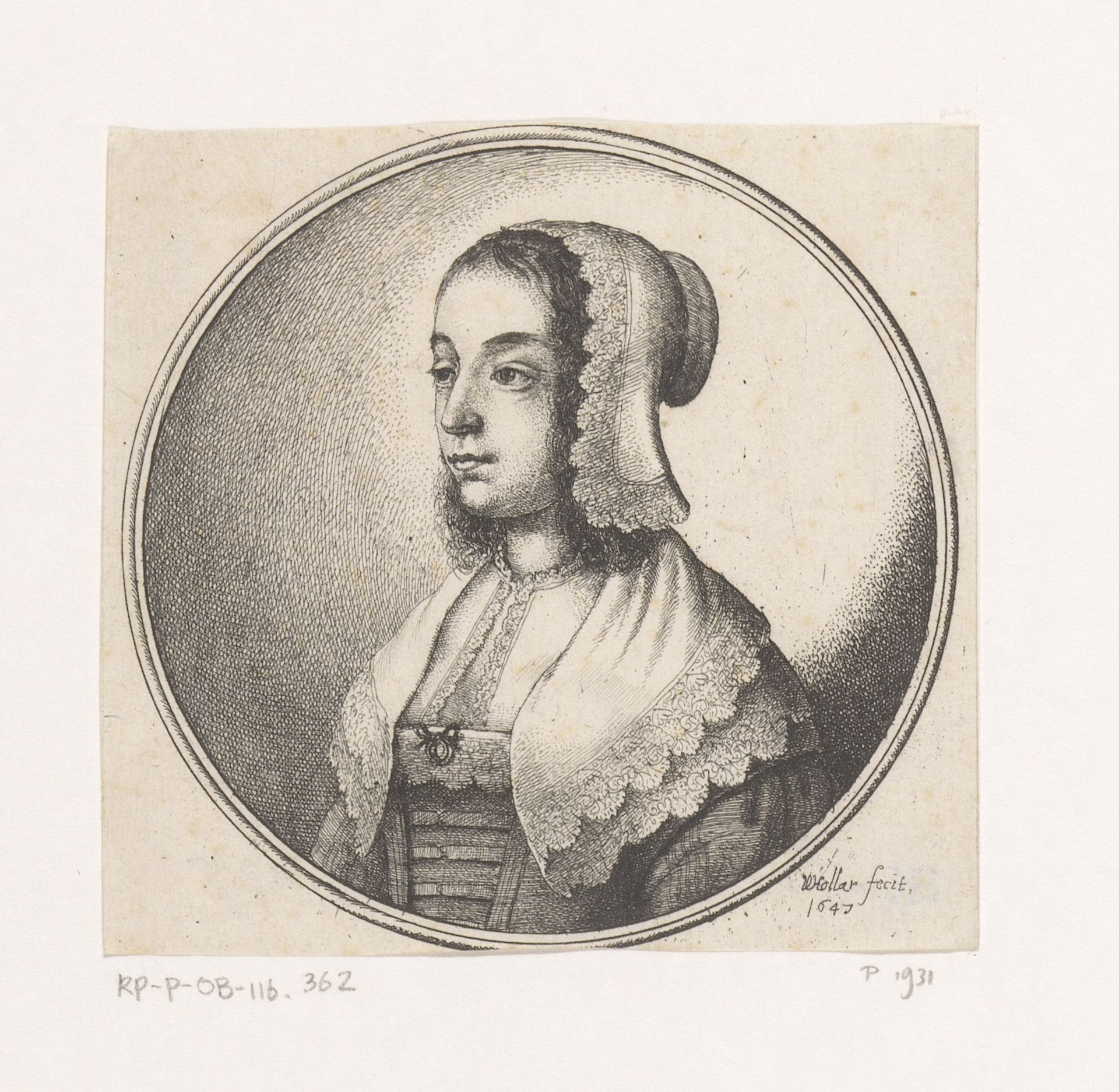 Vrouw met kanten hoofdkapje en bijpassende kraag by Wenceslaus Hollar