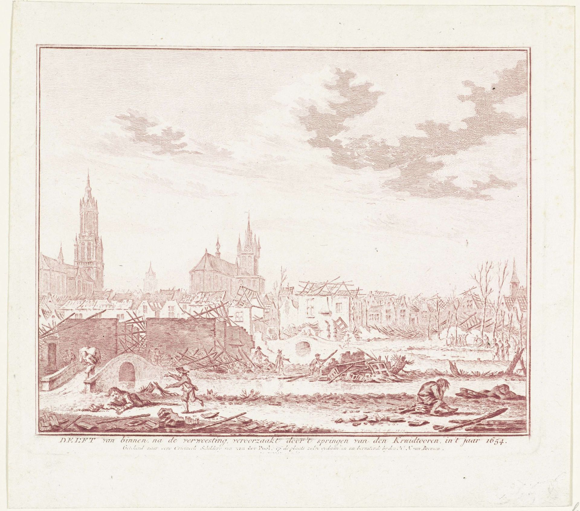 De verwoesting in Delft na de ontploffing van het buskruitmagazijn op 12 oktober 1654 by Simon Fokke