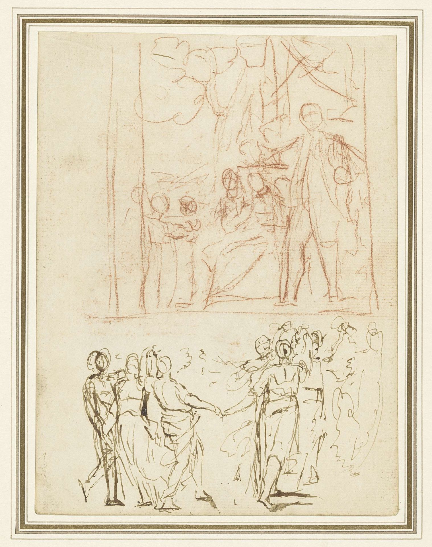 Een familie en figuren tijdens een rondedans by George Romney