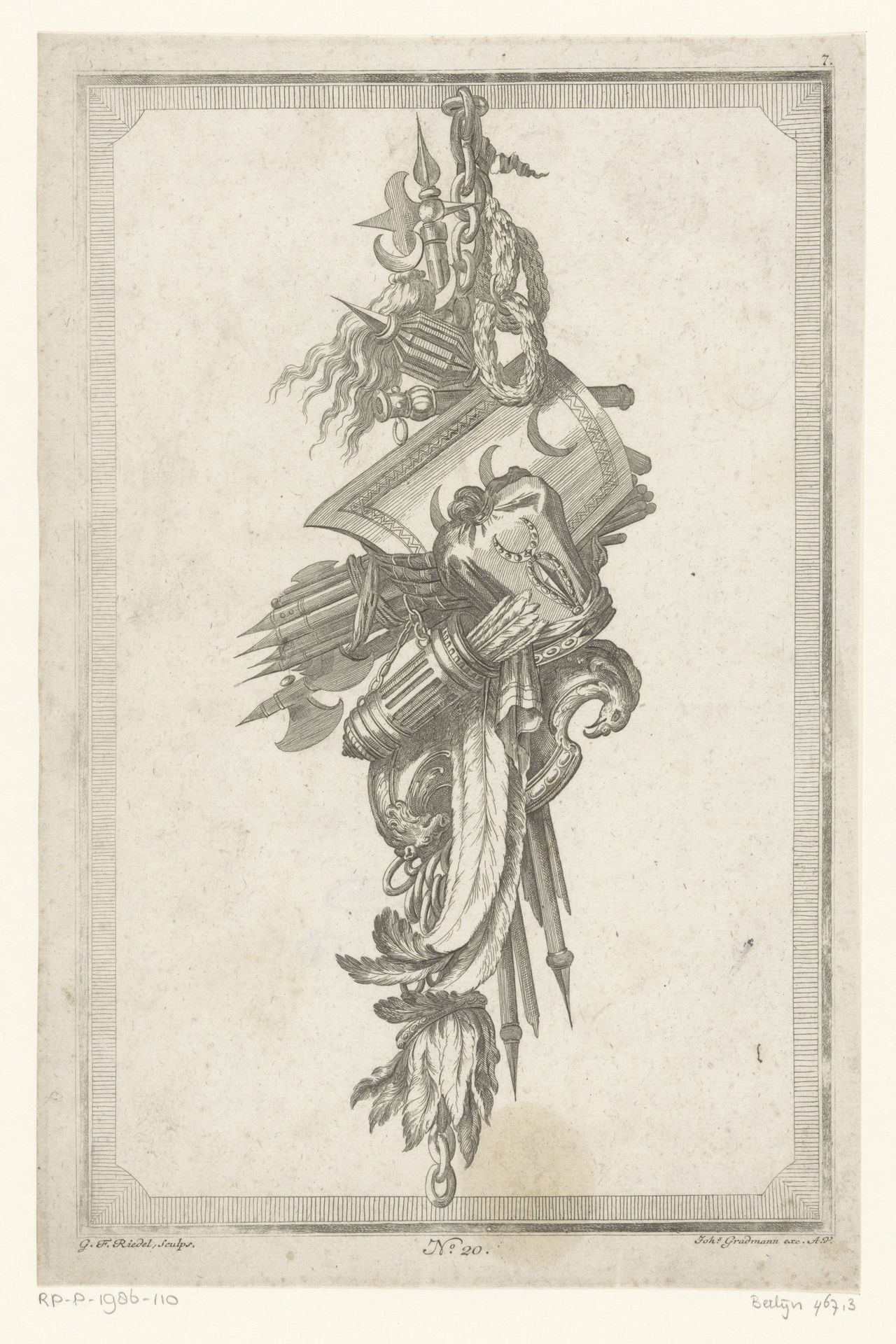 Trofee met schild en hoofddeksel by Gottlieb Friedrich Riedel