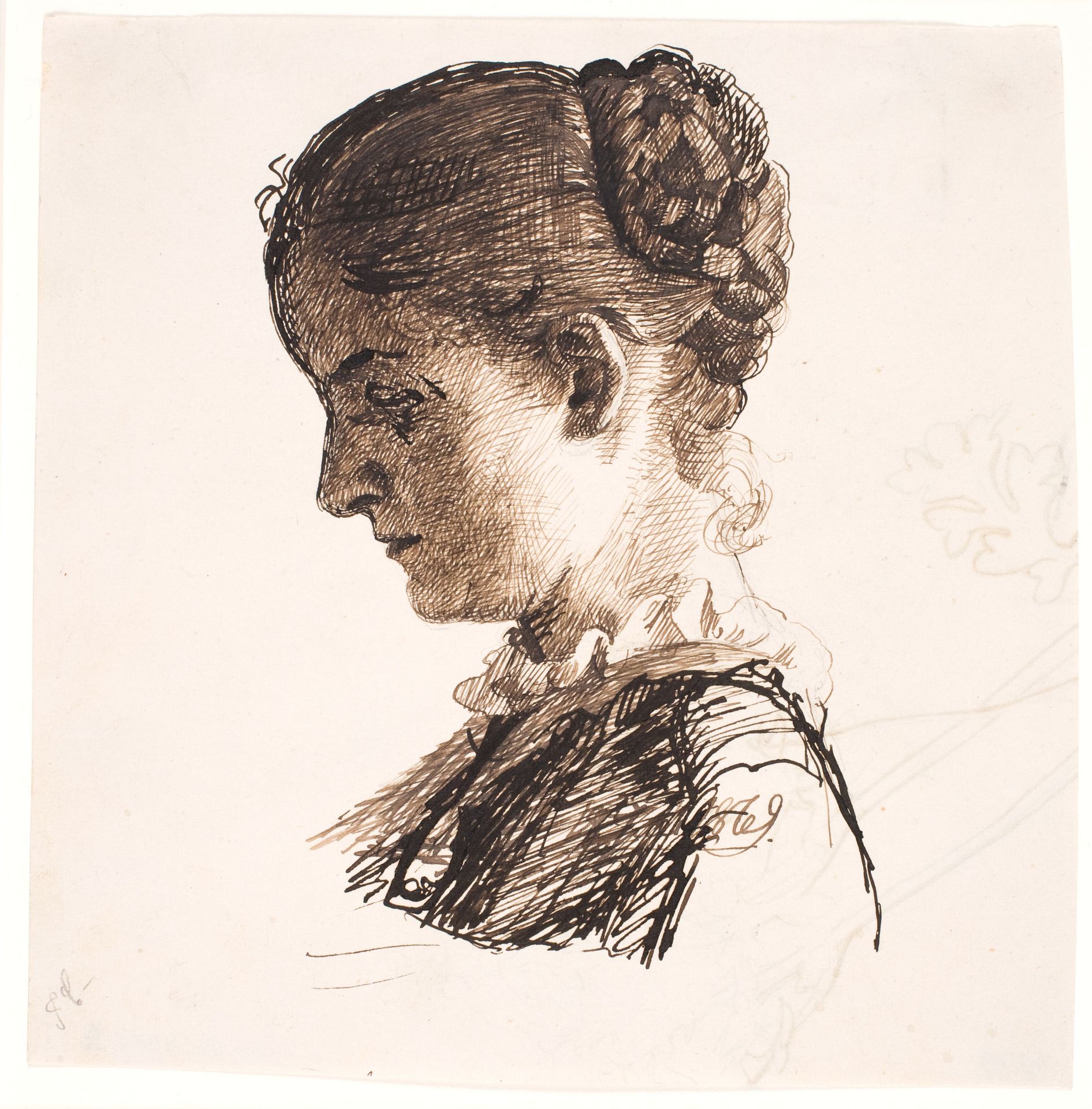 Kunstnerens søster Elisabeth. Profil t.v. Fletningefrisure by Kristian Zahrtmann