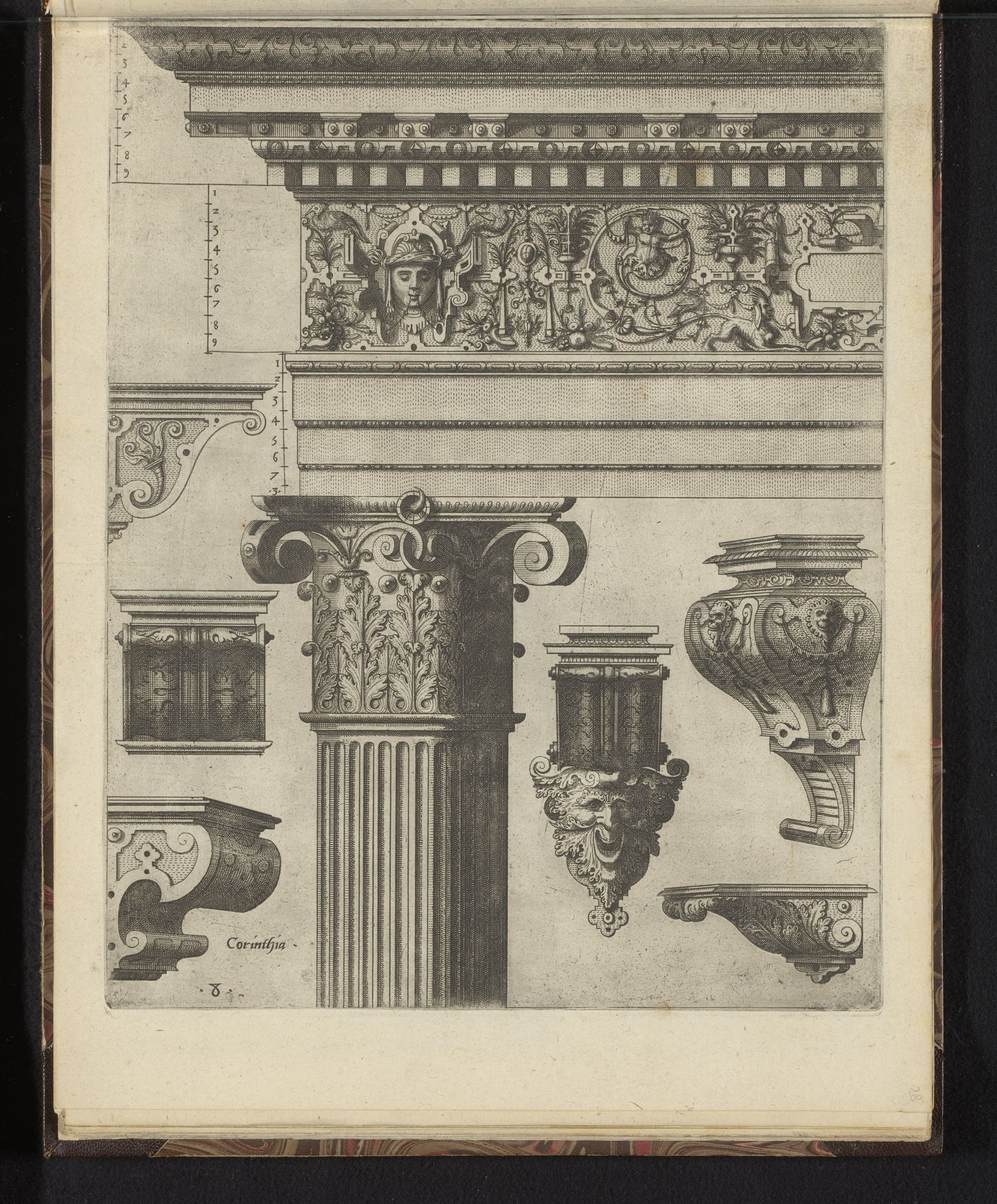 Korinthisch hoofdgestel met zes consoles by Johannes of Lucas van Doetechum