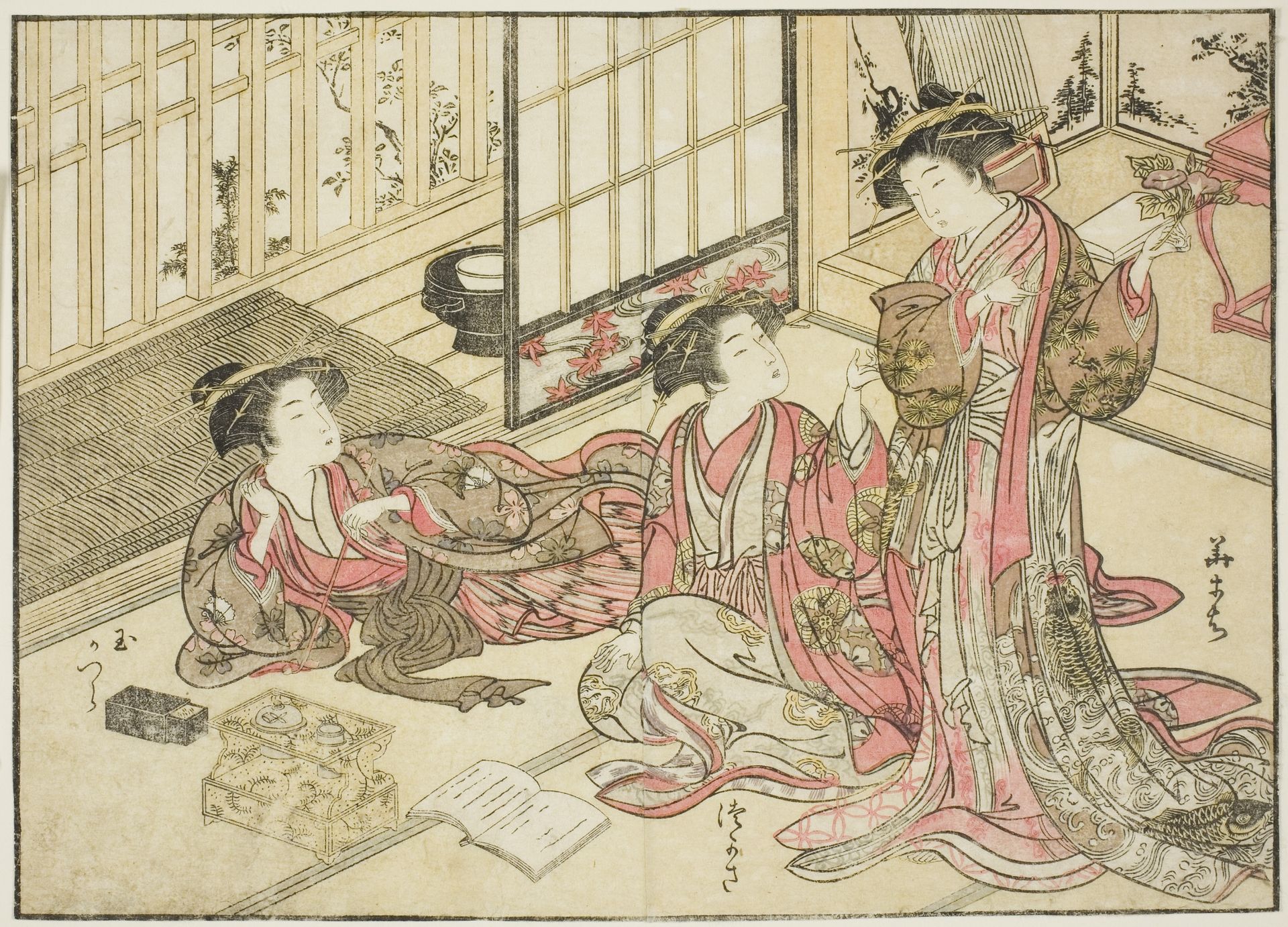Courtesans of Kado Daikokuya, from the book "Mirror of Beautiful Women of the Pleasure Quarters (Seiro bijin awase sugata kagami)," vol. 2 by Kitao Shigemasa