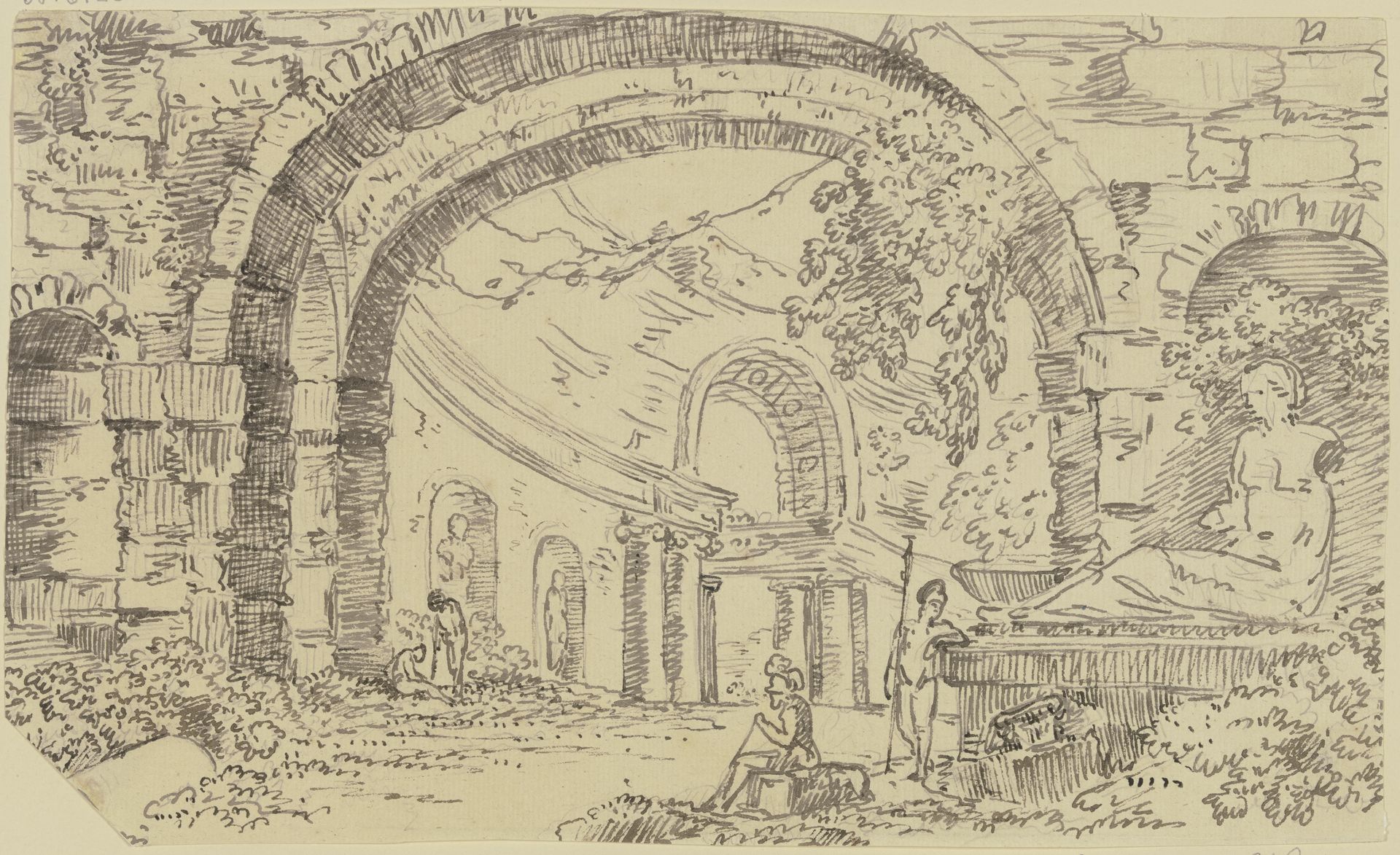Römische Ruinen mit Bogen und Nischen, im Vordergrund zwei Krieger, rechts ein Monument mit einer sitzenden Figur by Georg Melchior Kraus