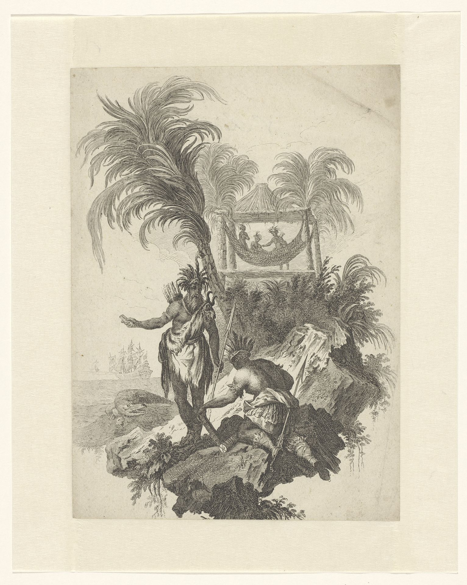 Man en vrouw met verentooi in landschap by Anonymous