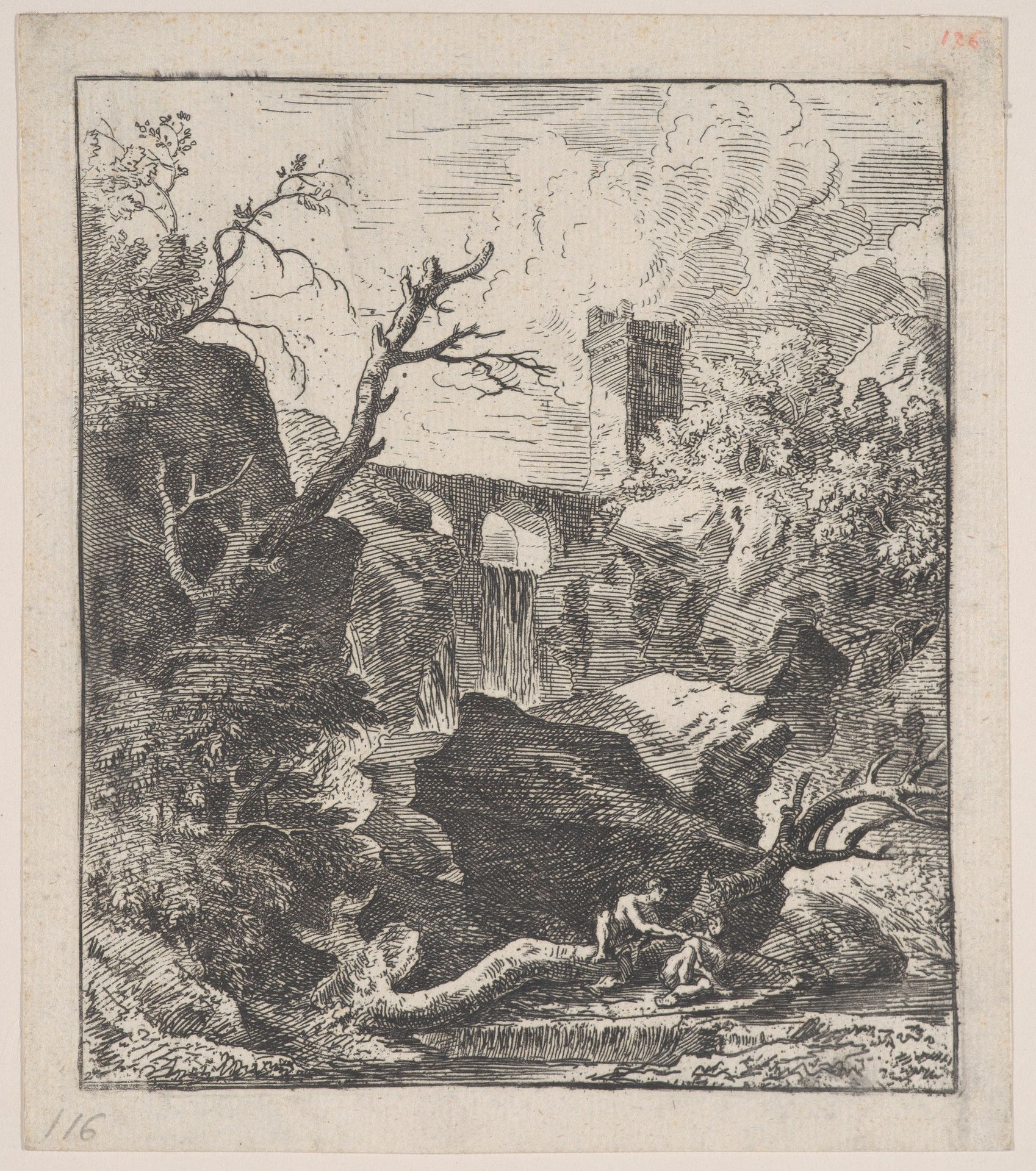 Plate 2: two figures sitting on a tree trunk on the bank of a stream in foreground, an aqueduct and tower in the background, from 'Landscapes in the manner of Gaspar Dughet' by Franz Joachim Beich