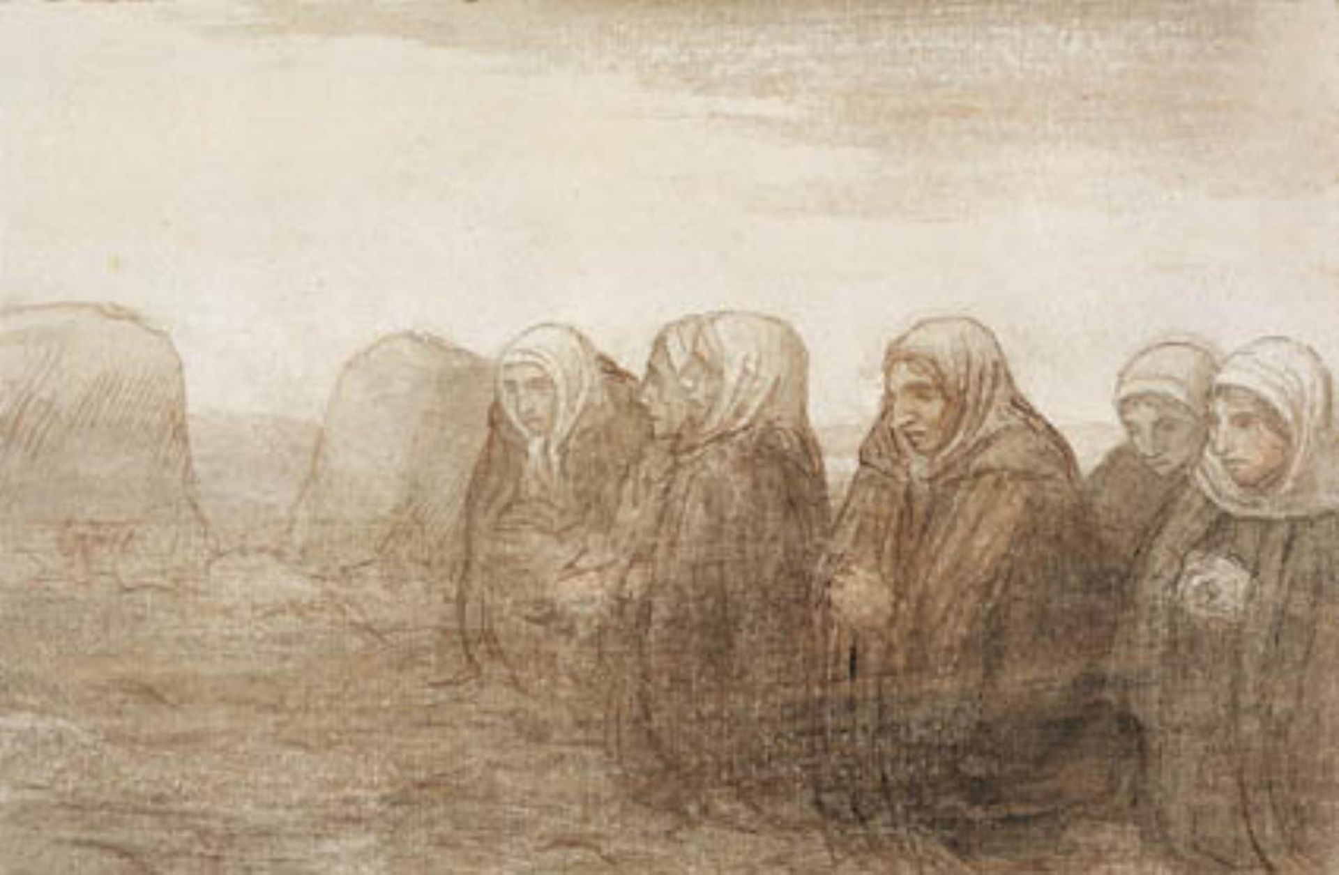 Seks bondekoner i bøn på en efterårsmark by Alphonse Legros