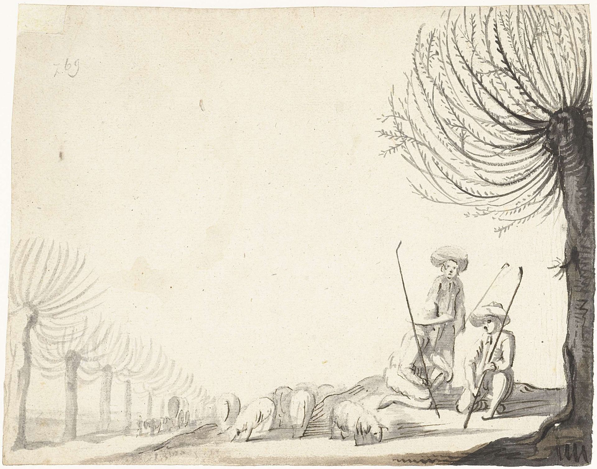 Drie herdersjongens met schapen bij wilgen by Harmen ter Borch