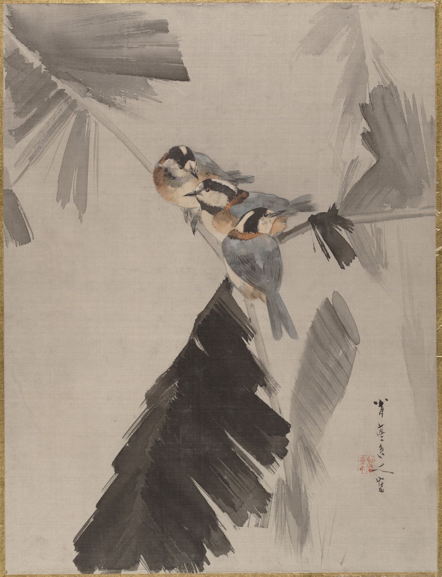 Three Birds on Branch by Watanabe Seitei 渡辺省亭