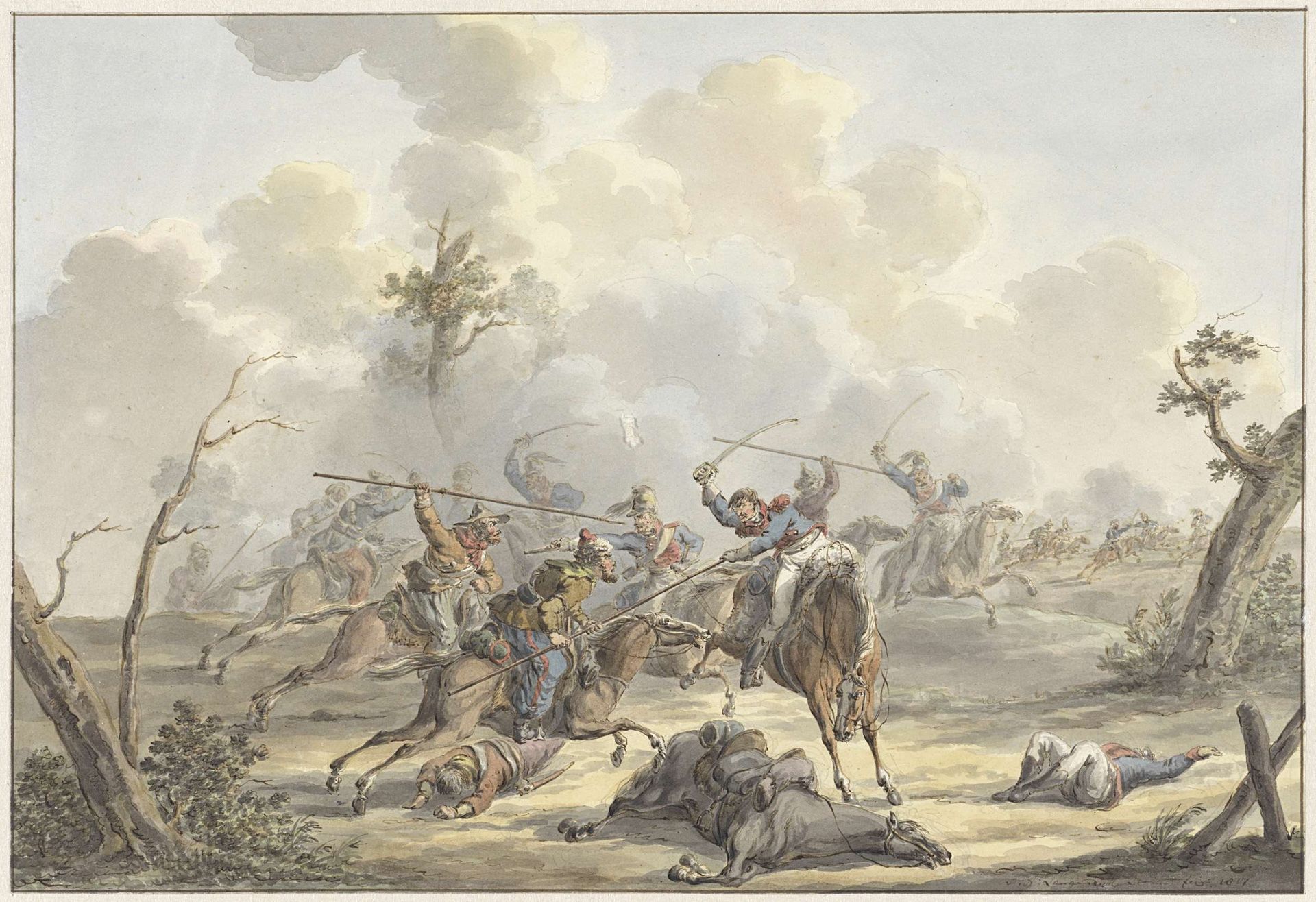 Aanval tussen Kozakken van de Krim en Franse Rijdende Artillerie by Jan Anthonie Langendijk Dzn