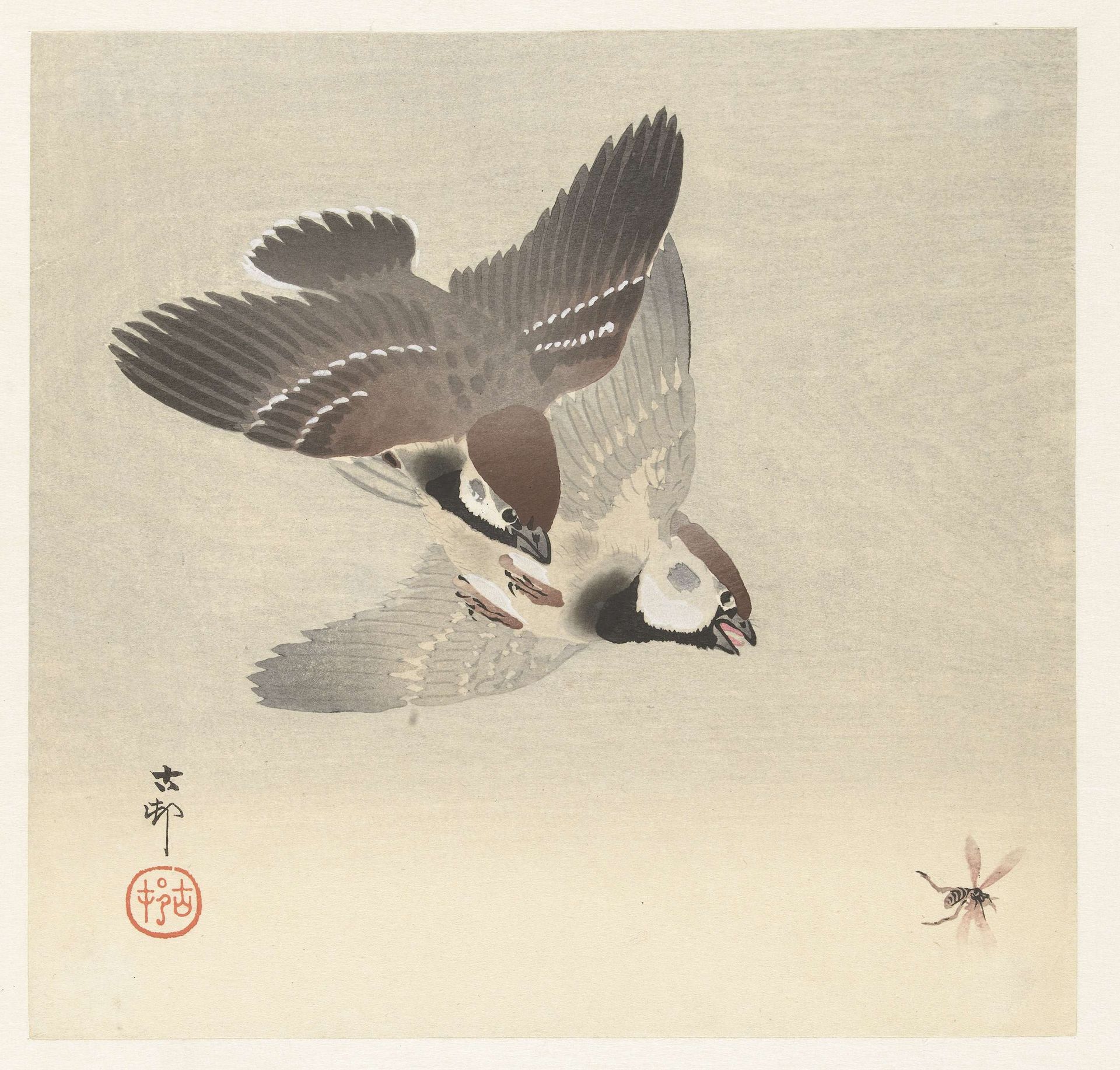 Ringmussen en insect by Ohara Koson