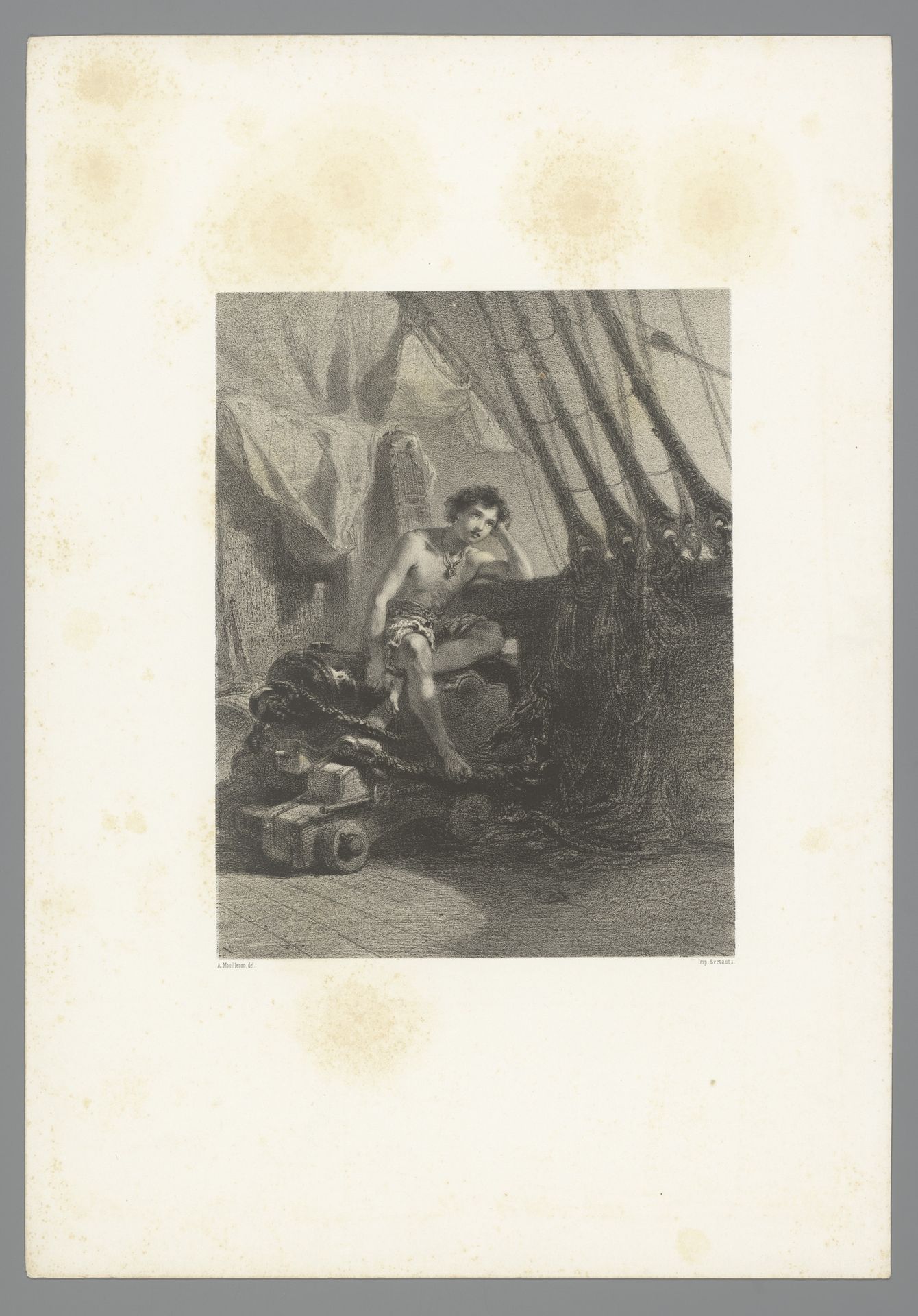 Jongeman op kanon aan boord van een schip by Adolphe Mouilleron