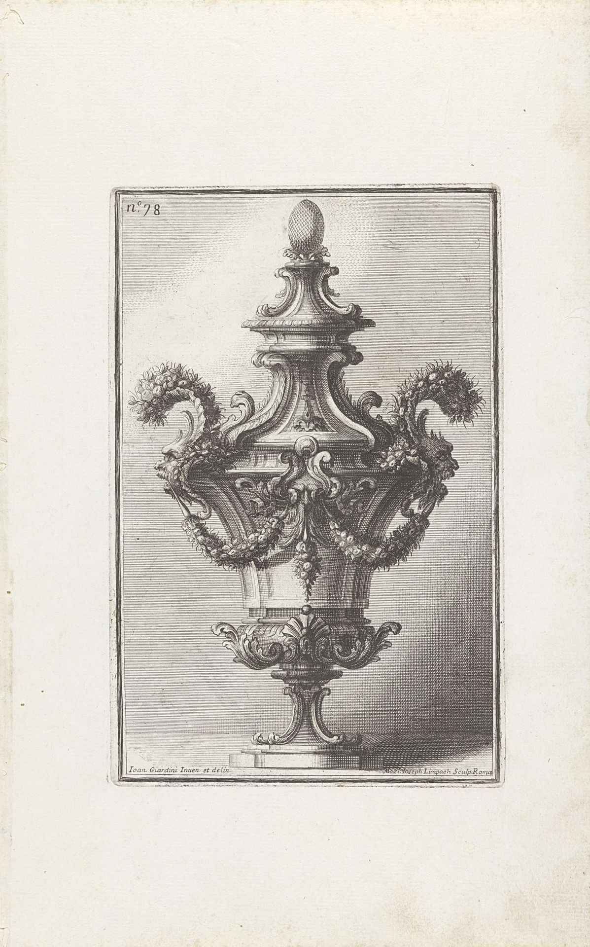 Vaas met twee groteske koppen en guirlandes met bloemen en vruchten by Maximilian Joseph Limpach