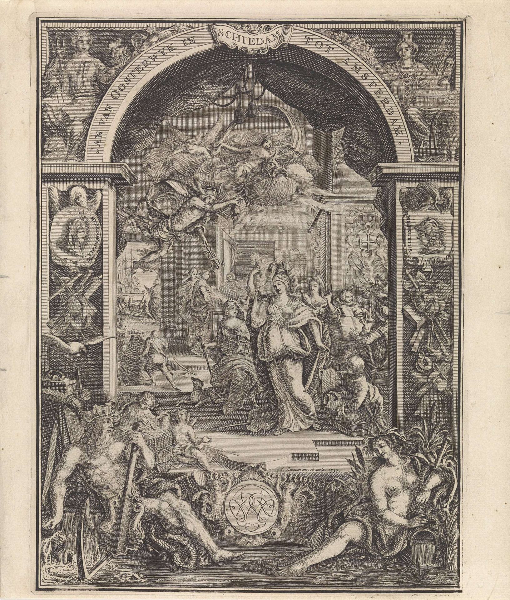 Allegorische voorstelling op de handel in geweven stoffen by Abraham Zeeman