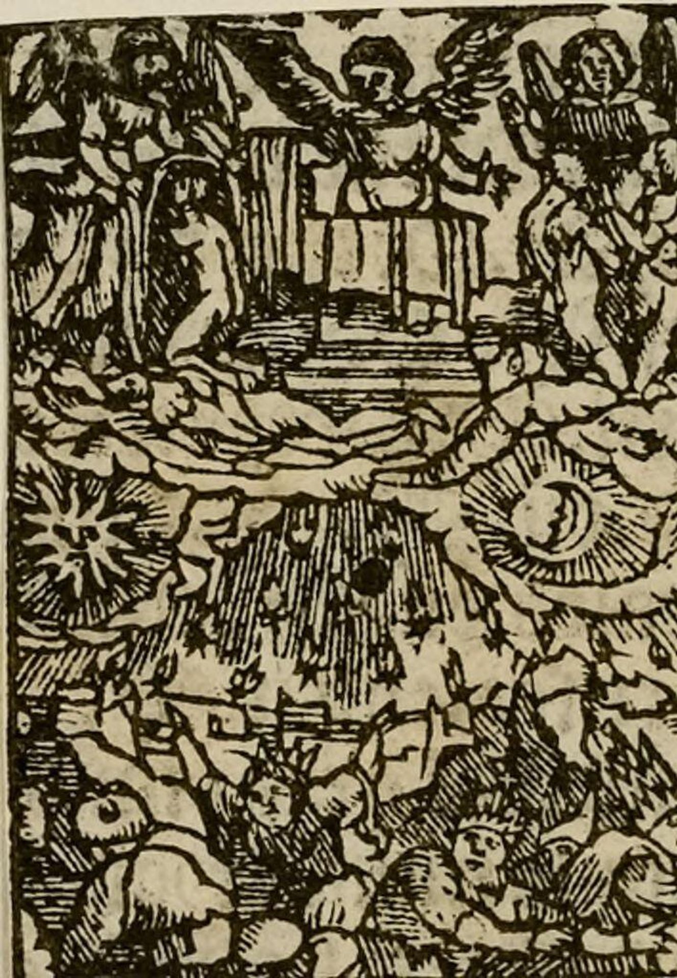 Illustration LV:  the 5th figure: the opening of the 6th Seal, a great earthquake, the sun blackens, the moon becomes as blood, and the stars fall unto the earth (Revelation6: 12-17). by Anonymous
